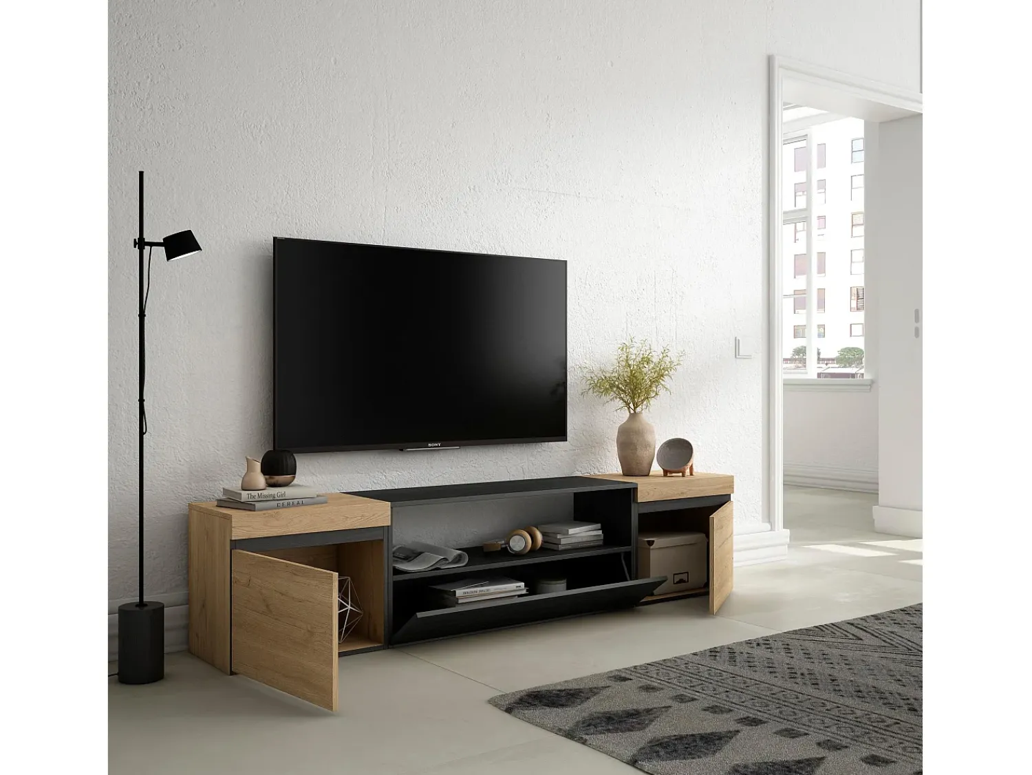Móvel De Tv*Skraut Home Móvel de TV, 200x35x45cm, Para televisores até 80", Estante para TV, Carvahlo e preto Natural claro