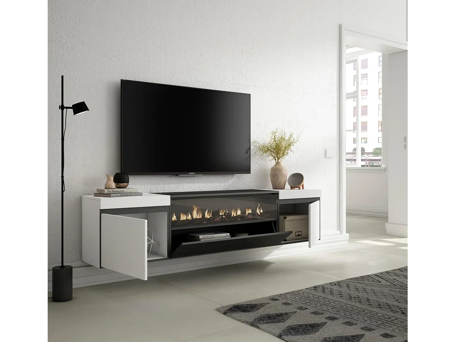 Móvel De Tv*Skraut Home Móvel de TV, 200x35x45cm, Para televisores até 80", Lareira eléctrica, Suspensos, e preto Branco