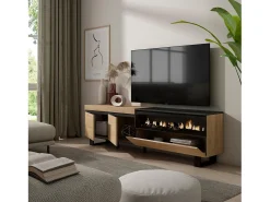 Móvel De Tv*Skraut Home Móvel de TV, 200x35x57cm, Para televisores até 80", Lareira eléctrica, Design industrial, Carvahlo e preto Natural claro