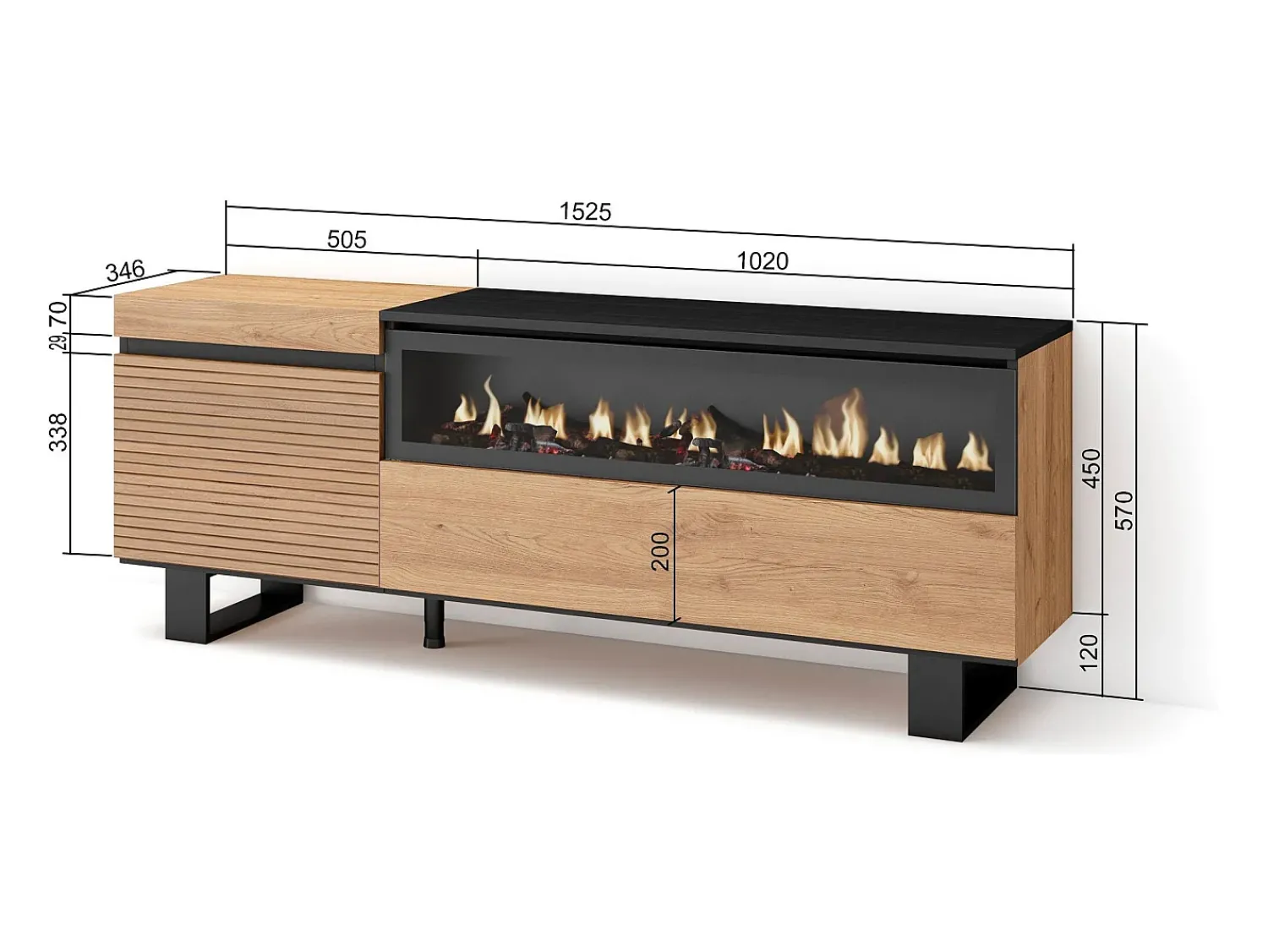Skraut Home Móvel de TV, 150x35x57cm, Para televisores até 65", Lareira eléctrica, Design industrial, Carvahlo^ Móvel De Tv