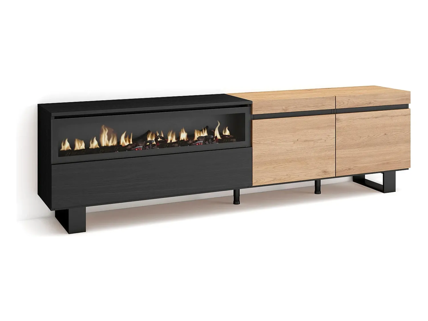 Hot Skraut Home Móvel de TV, 200x35x57cm, Para televisores até 80", Lareira eléctrica, Design industrial, Carvahlo e preto Natural claro