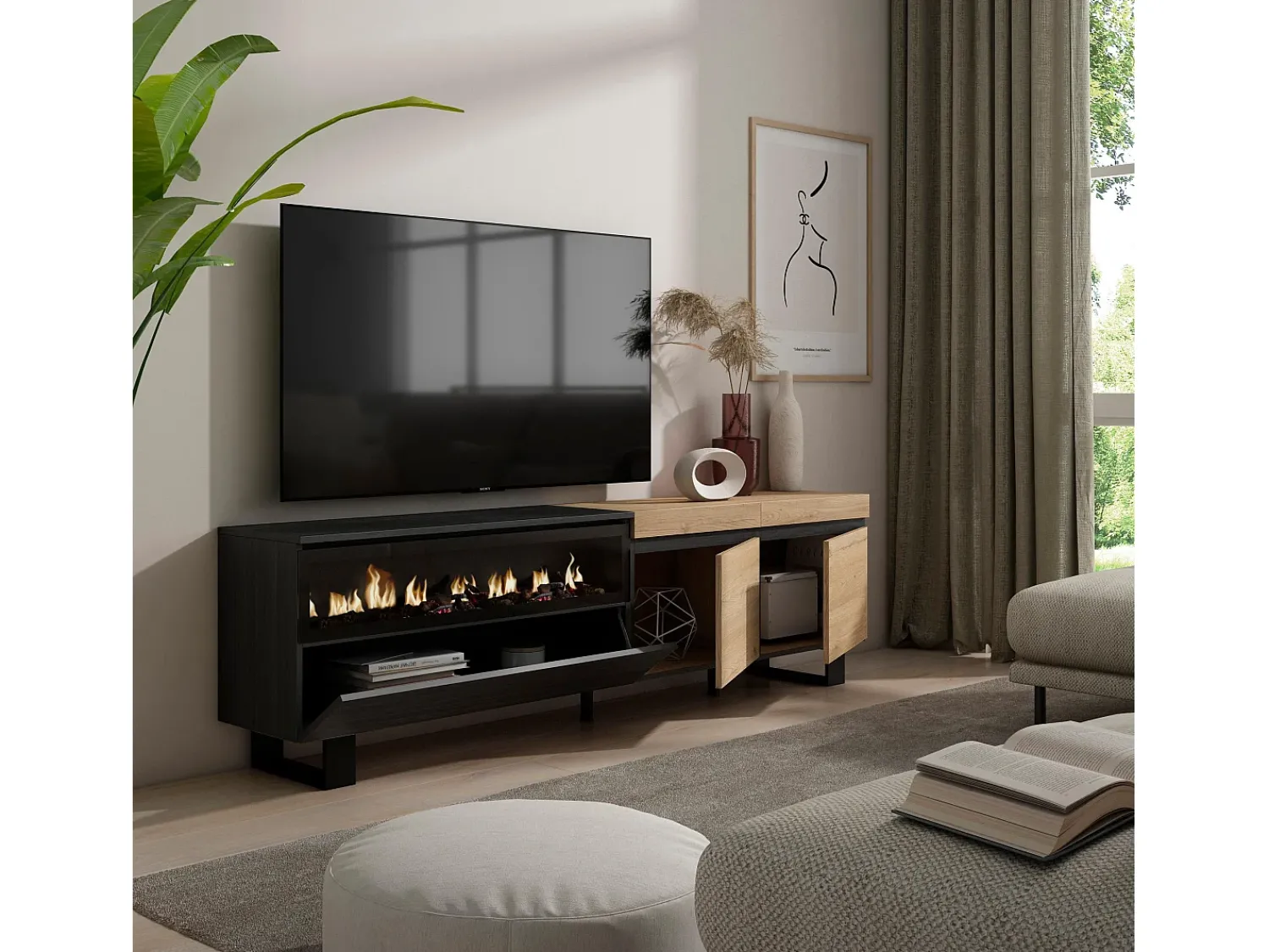 Hot Skraut Home Móvel de TV, 200x35x57cm, Para televisores até 80", Lareira eléctrica, Design industrial, Carvahlo e preto Natural claro