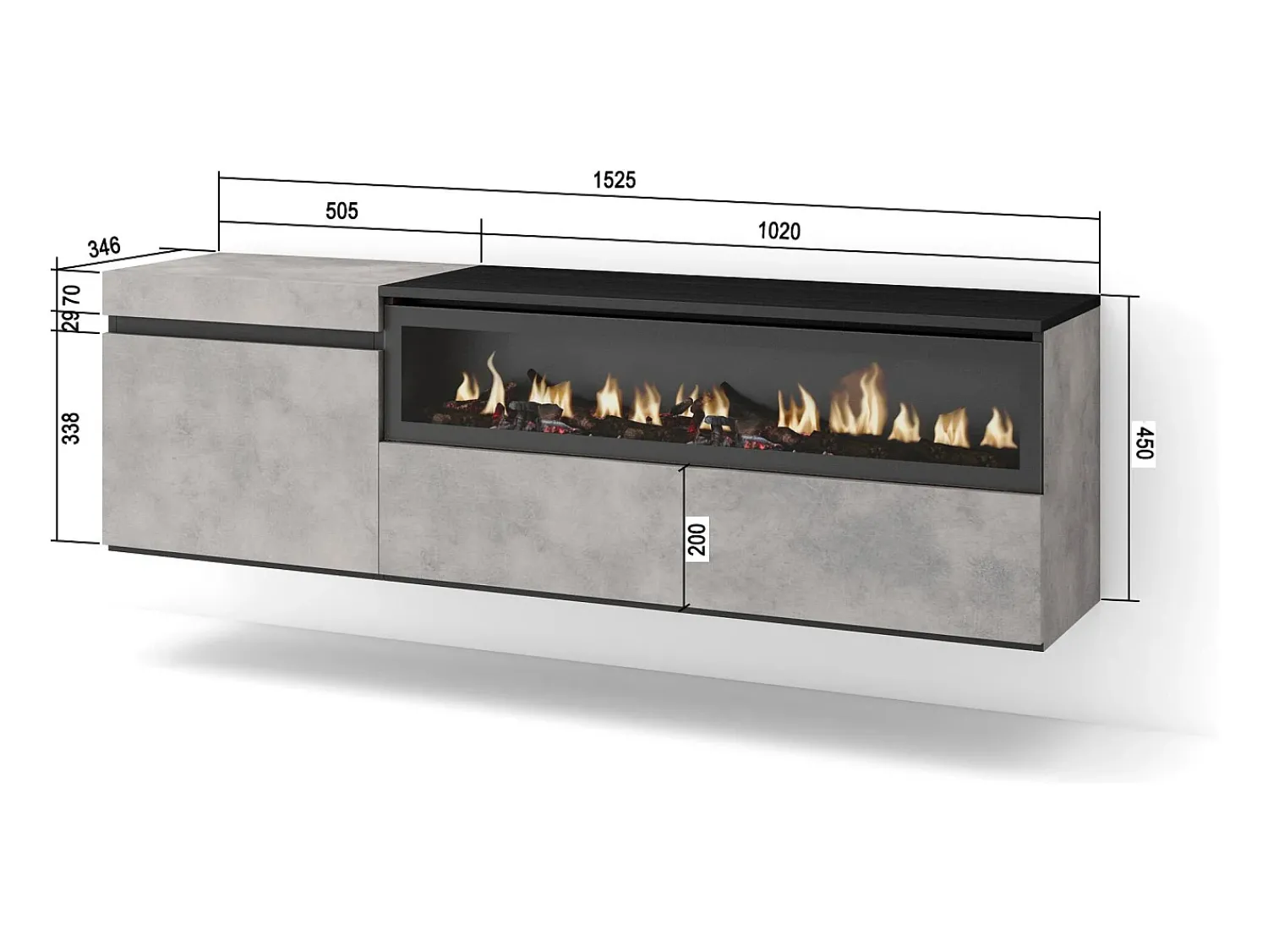 Móvel De Tv|Skraut Home Móvel de TV, 150x35x45cm, Para televisores até 65", Lareira eléctrica, Suspensos, Cimento Cinzento