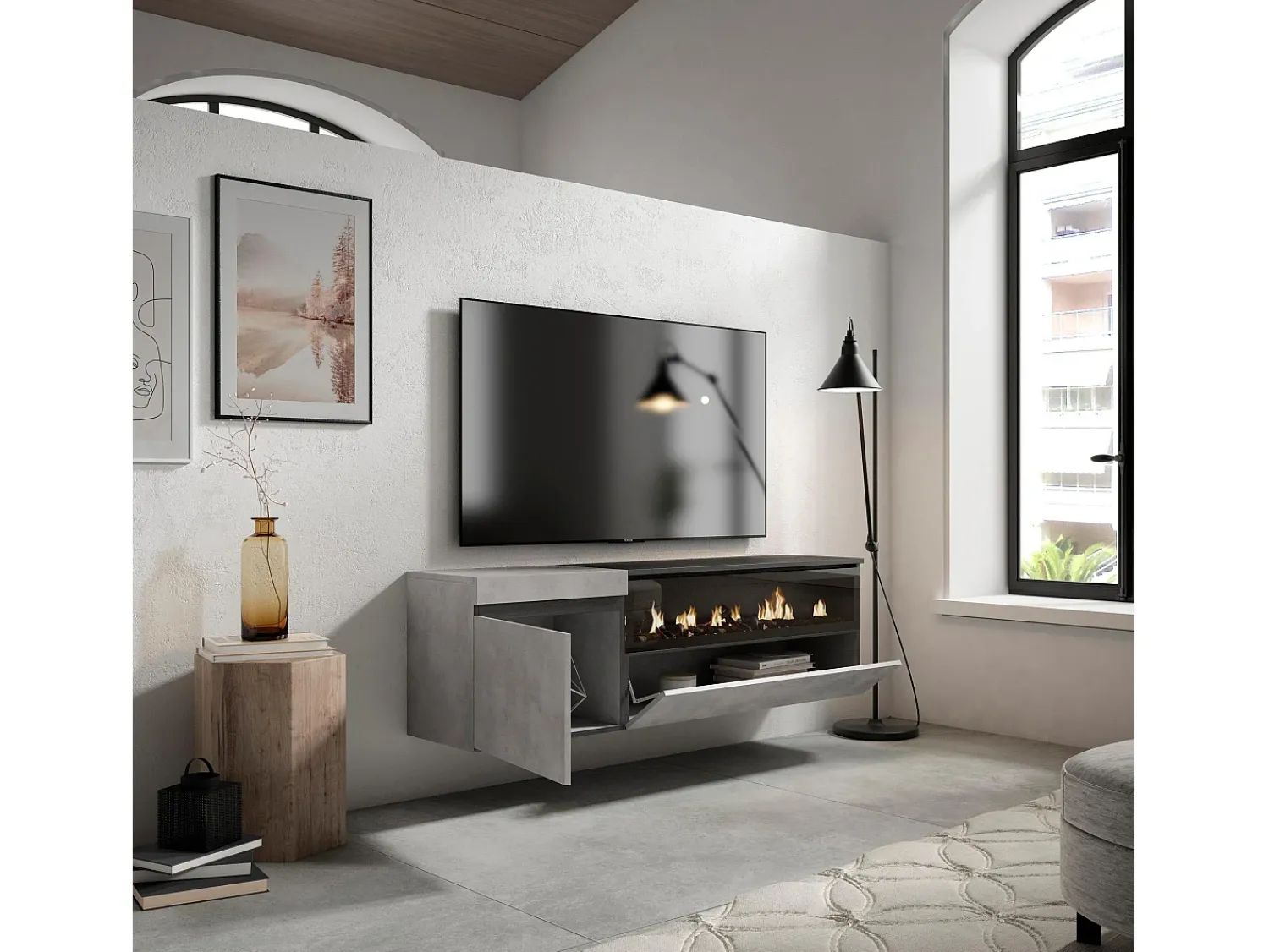 Móvel De Tv|Skraut Home Móvel de TV, 150x35x45cm, Para televisores até 65", Lareira eléctrica, Suspensos, Cimento Cinzento