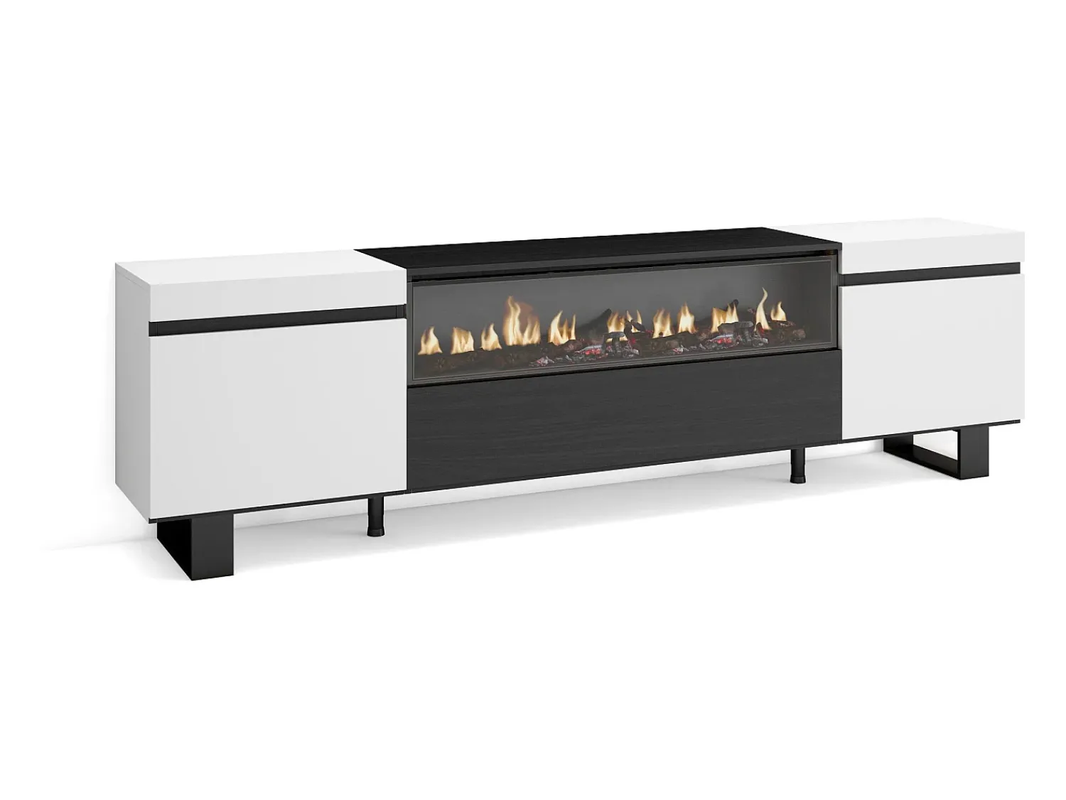 Outlet Skraut Home Móvel de TV, 200x35x57cm, Para televisores até 80", Lareira eléctrica, Design industrial, e preto Branco