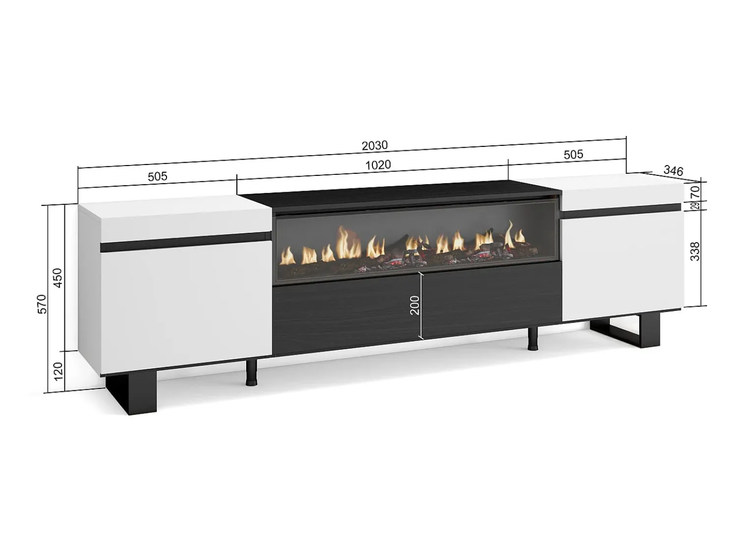 Outlet Skraut Home Móvel de TV, 200x35x57cm, Para televisores até 80", Lareira eléctrica, Design industrial, e preto Branco