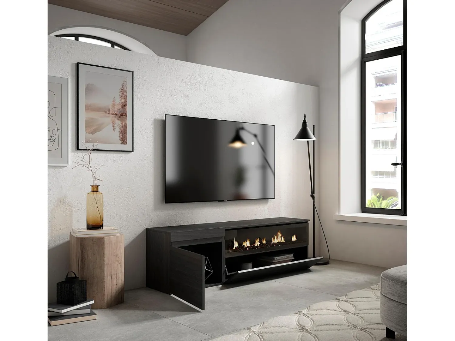 Skraut Home Móvel de TV, 150x35x45cm, Para televisores até 65", Lareira eléctrica,^ Móvel De Tv