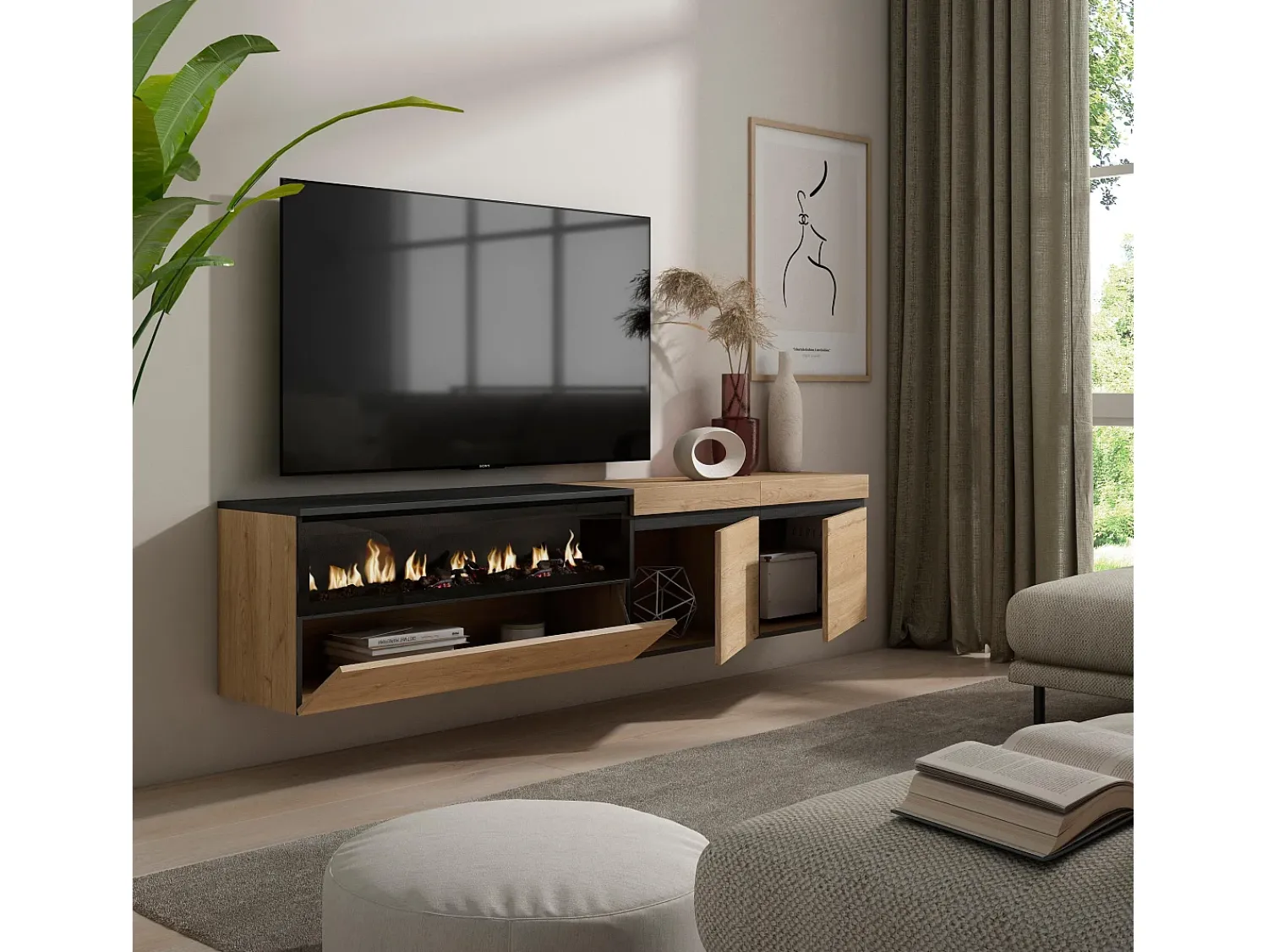 Skraut Home Móvel de TV, 200x35x45cm, Para televisores até 80", Lareira eléctrica, Suspensos, Carvahlo e preto^ Móvel De Tv