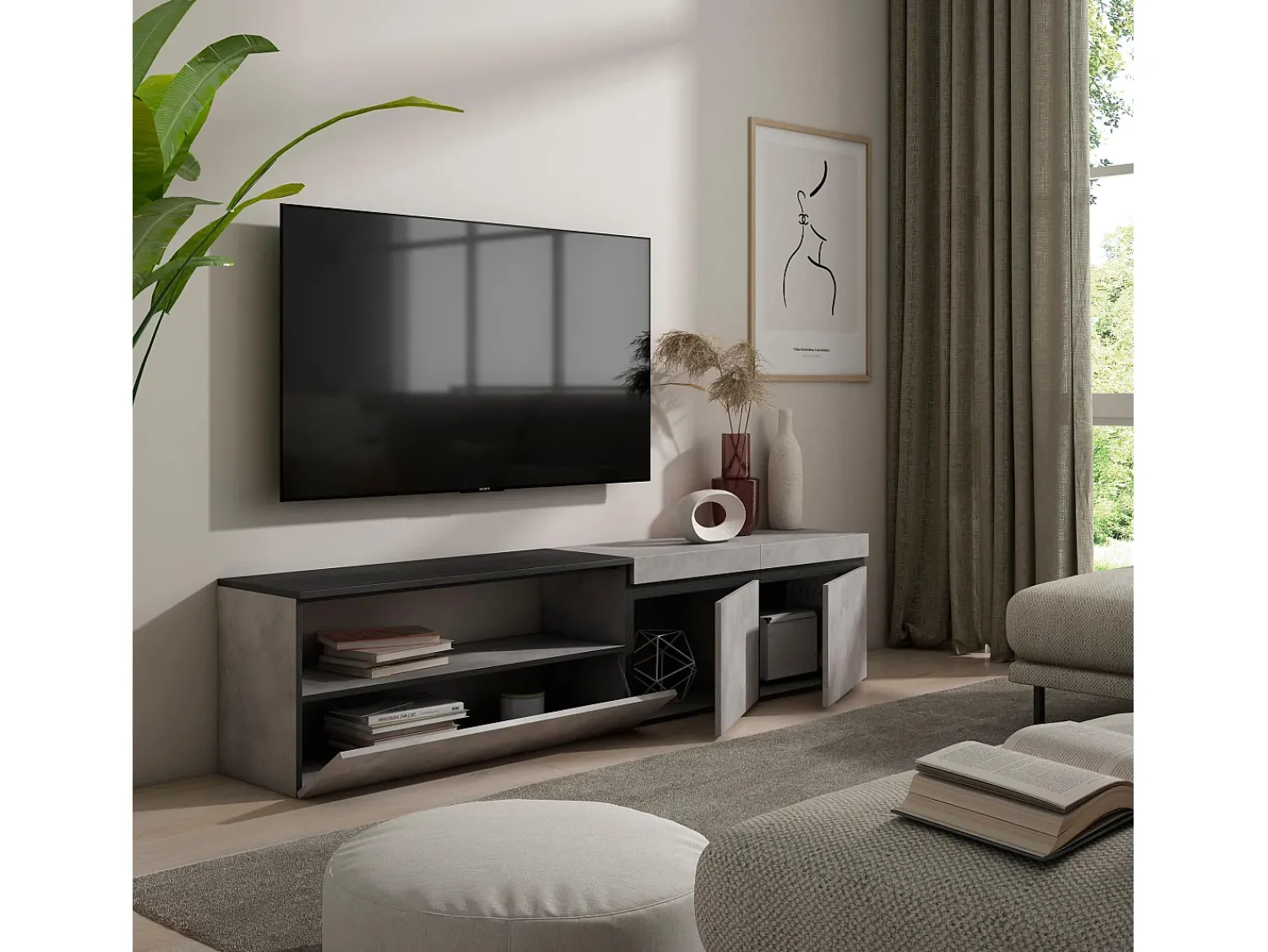 Móvel De Tv*Skraut Home Móvel de TV, 200x35x45cm, Para televisores até 80", Estante para TV, Cimento Cinzento