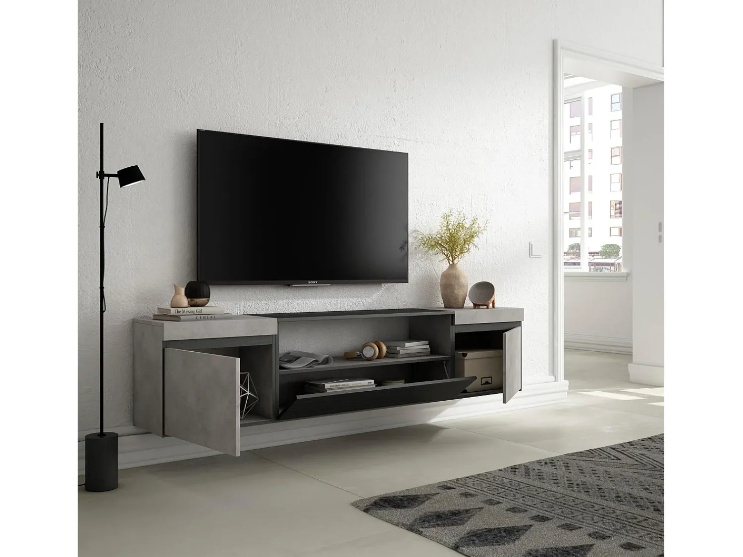Skraut Home Móvel de TV, 200x35x45cm, Para televisores até 80", Suspensos, Cimento^ Móvel De Tv