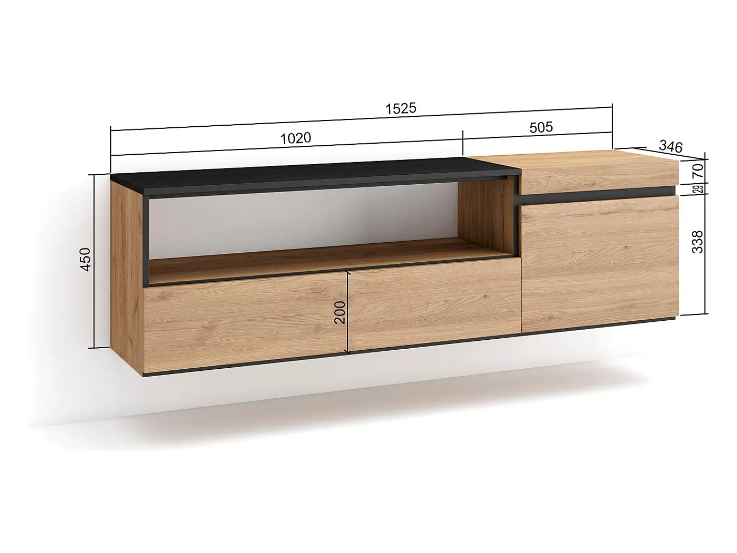 Móvel De Tv*Skraut Home Móvel de TV, 150x35x45cm, Para televisores até 65", Suspensos, Carvahlo e preto Natural claro