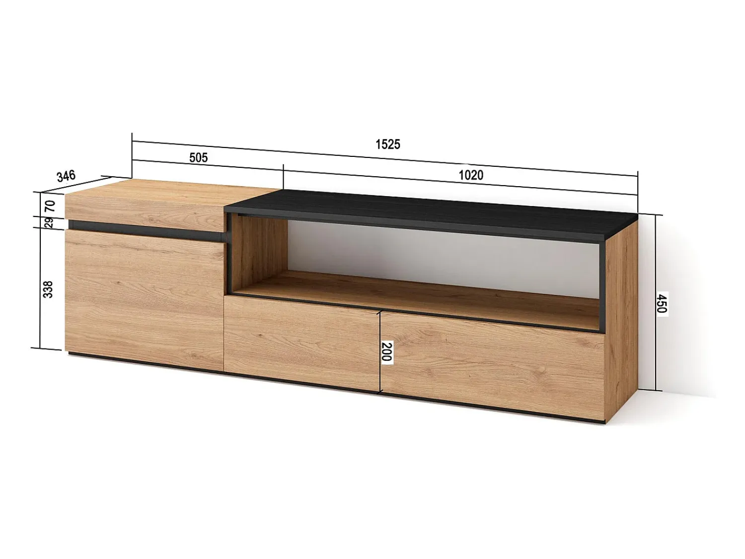 Skraut Home Móvel de TV, 150x35x45cm, Para televisores até 65", Estante para TV, Carvahlo e preto^ Móvel De Tv