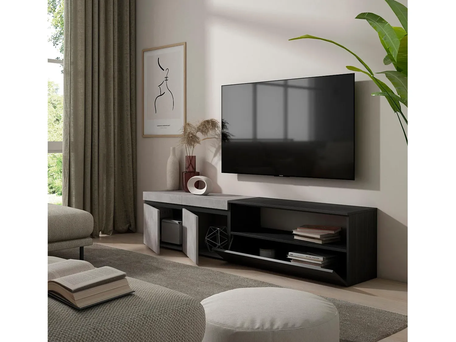 Móvel De Tv|Skraut Home Móvel de TV, 200x35x45cm, Para televisores até 80", Estante para TV, Cimento Cinzento