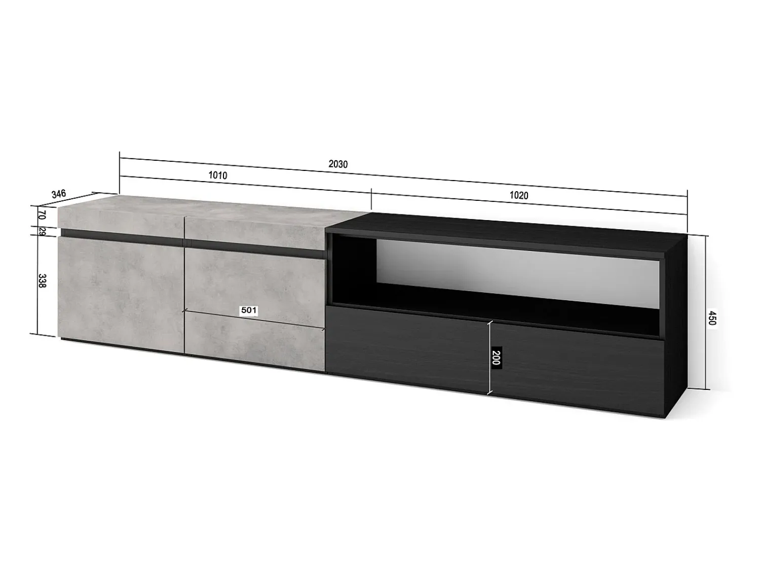 Móvel De Tv|Skraut Home Móvel de TV, 200x35x45cm, Para televisores até 80", Estante para TV, Cimento Cinzento