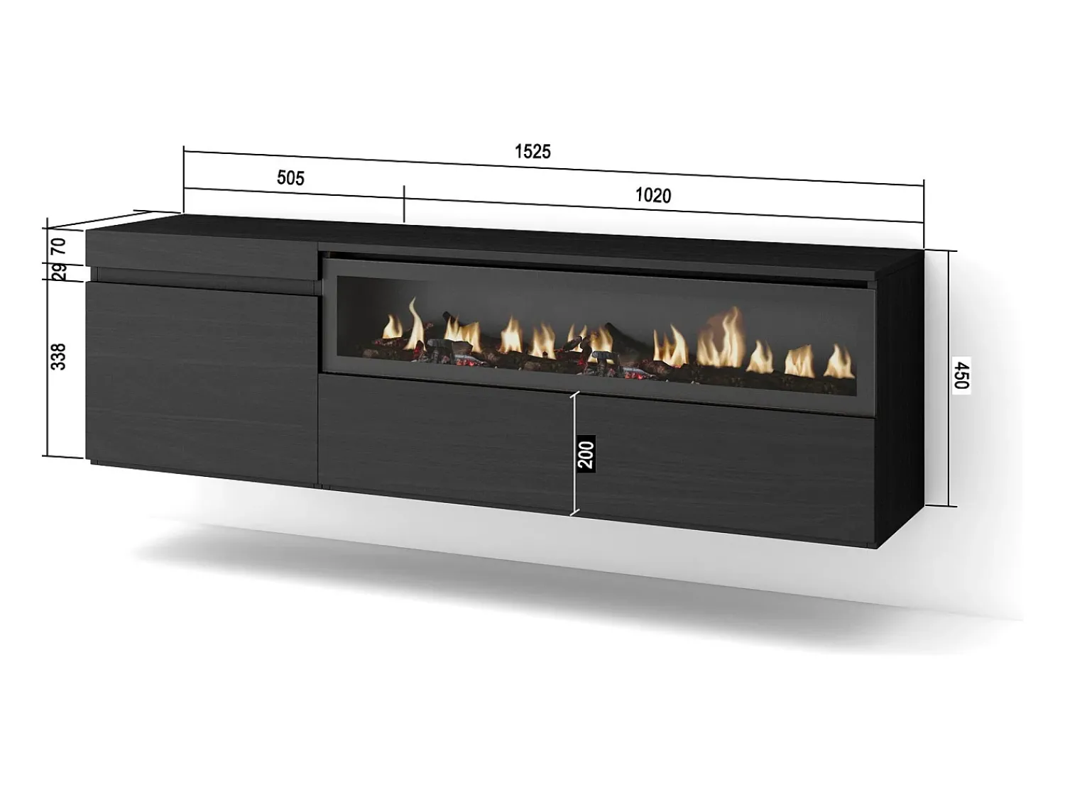 Móvel De Tv*Skraut Home Móvel de TV, 150x35x45cm, Para televisores até 65", Lareira eléctrica, Suspensos, Preto