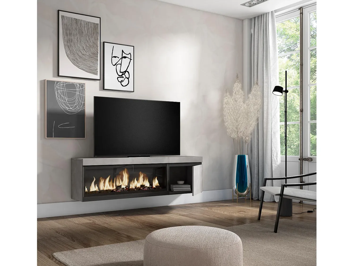 Móvel De Tv*Skraut Home Móvel de TV, 158x35x45cm, Para televisores até 65", Lareira eléctrica XXL, Suspensos, Cimento Cinzento