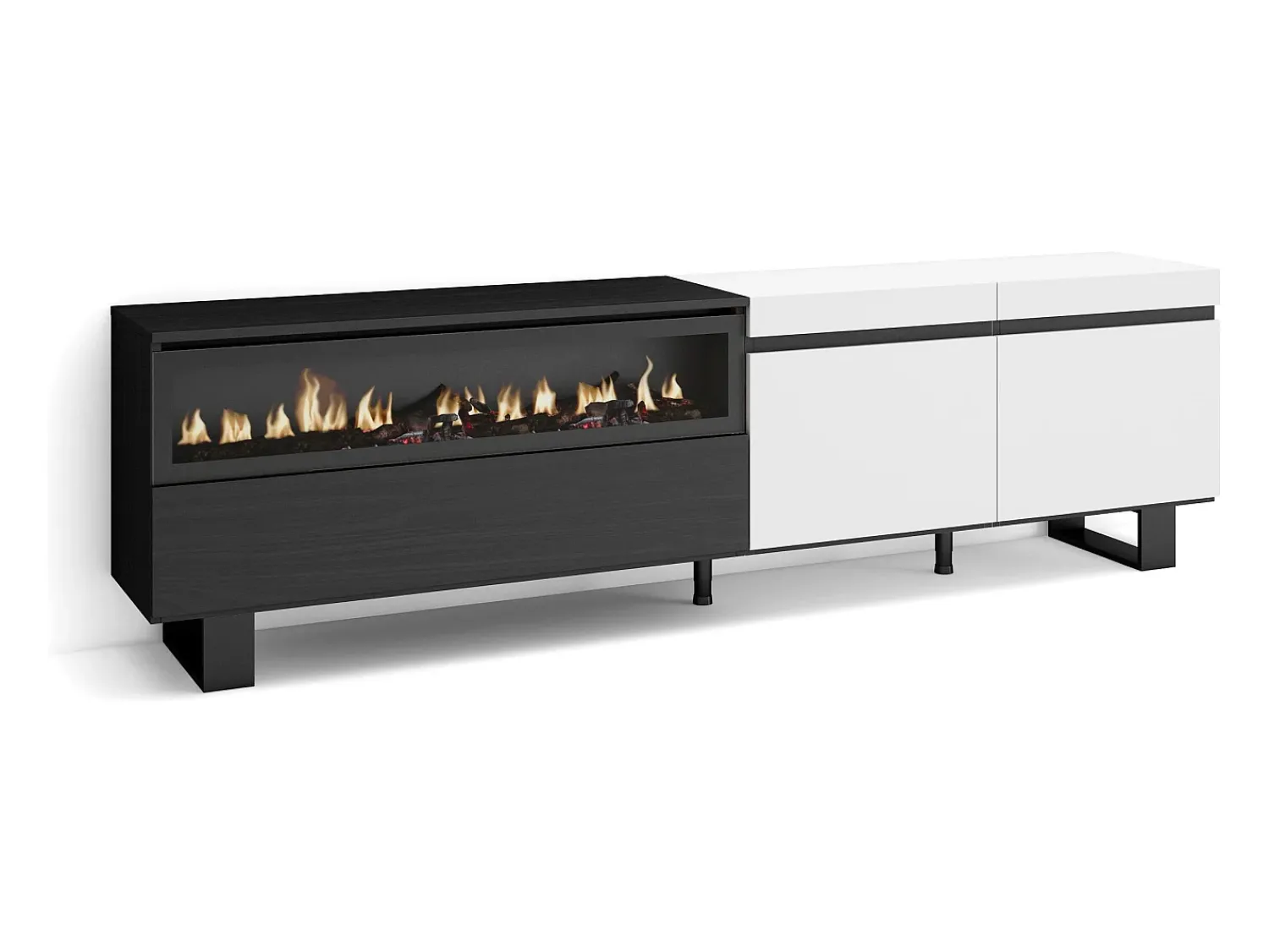 New Skraut Home Móvel de TV, 200x35x57cm, Para televisores até 80", Lareira eléctrica, Design industrial, e preto Branco