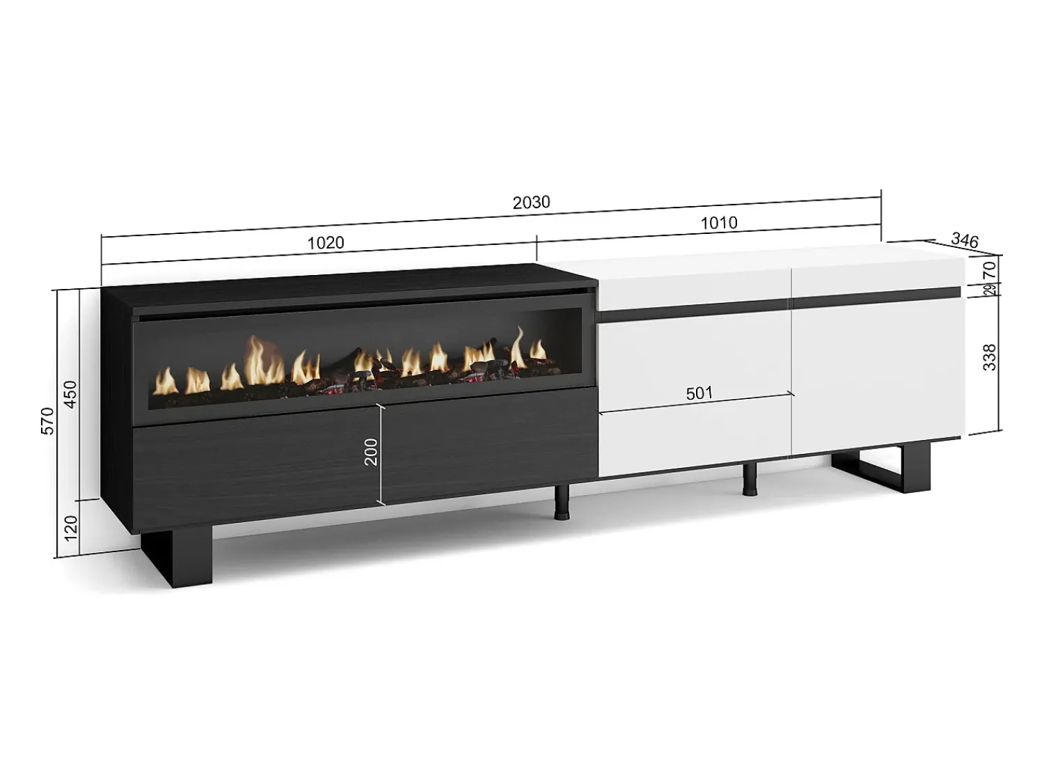 New Skraut Home Móvel de TV, 200x35x57cm, Para televisores até 80", Lareira eléctrica, Design industrial, e preto Branco