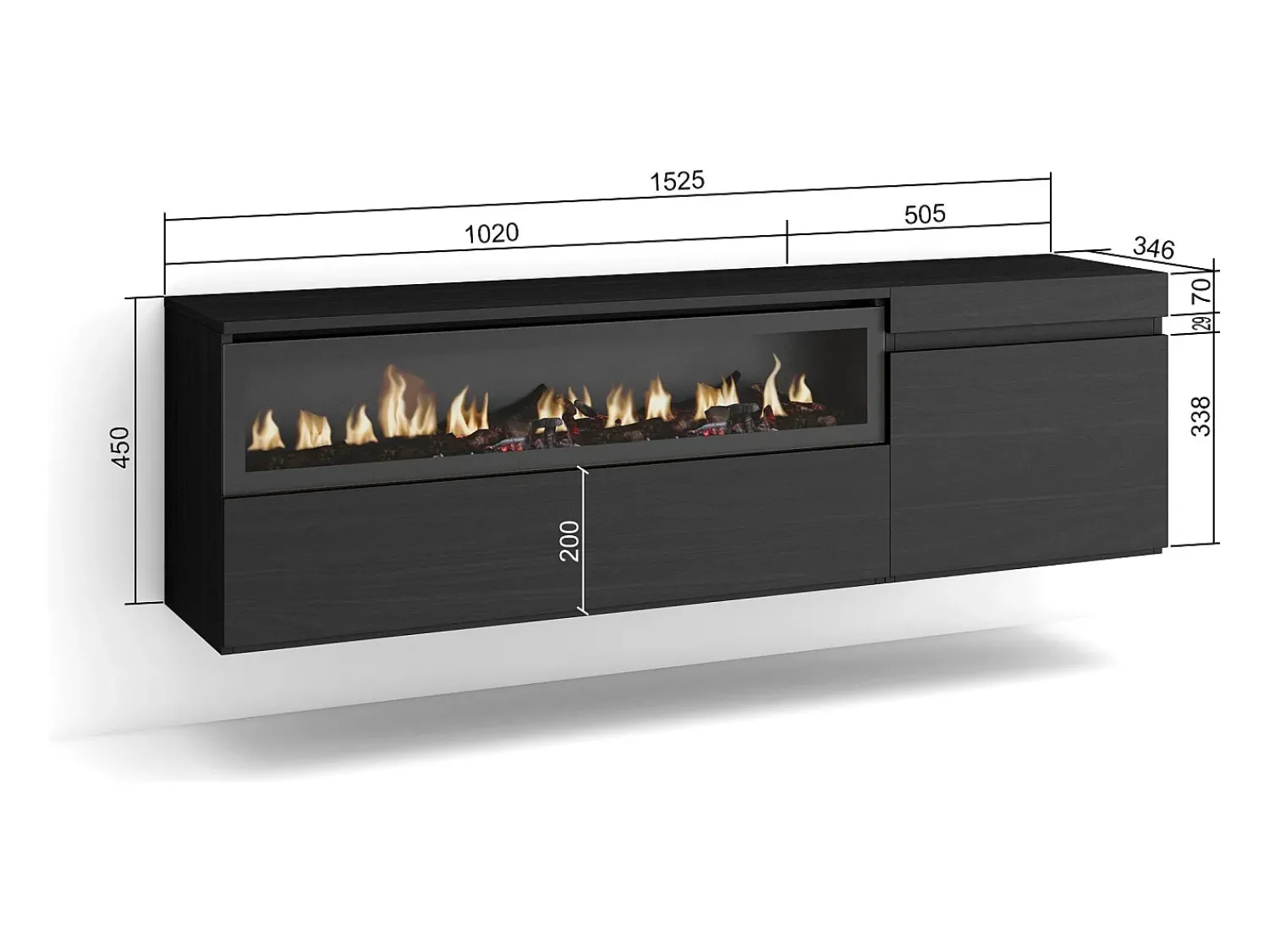 Móvel De Tv|Skraut Home Móvel de TV, 150x35x45cm, Para televisores até 65", Lareira eléctrica, Suspensos, Preto