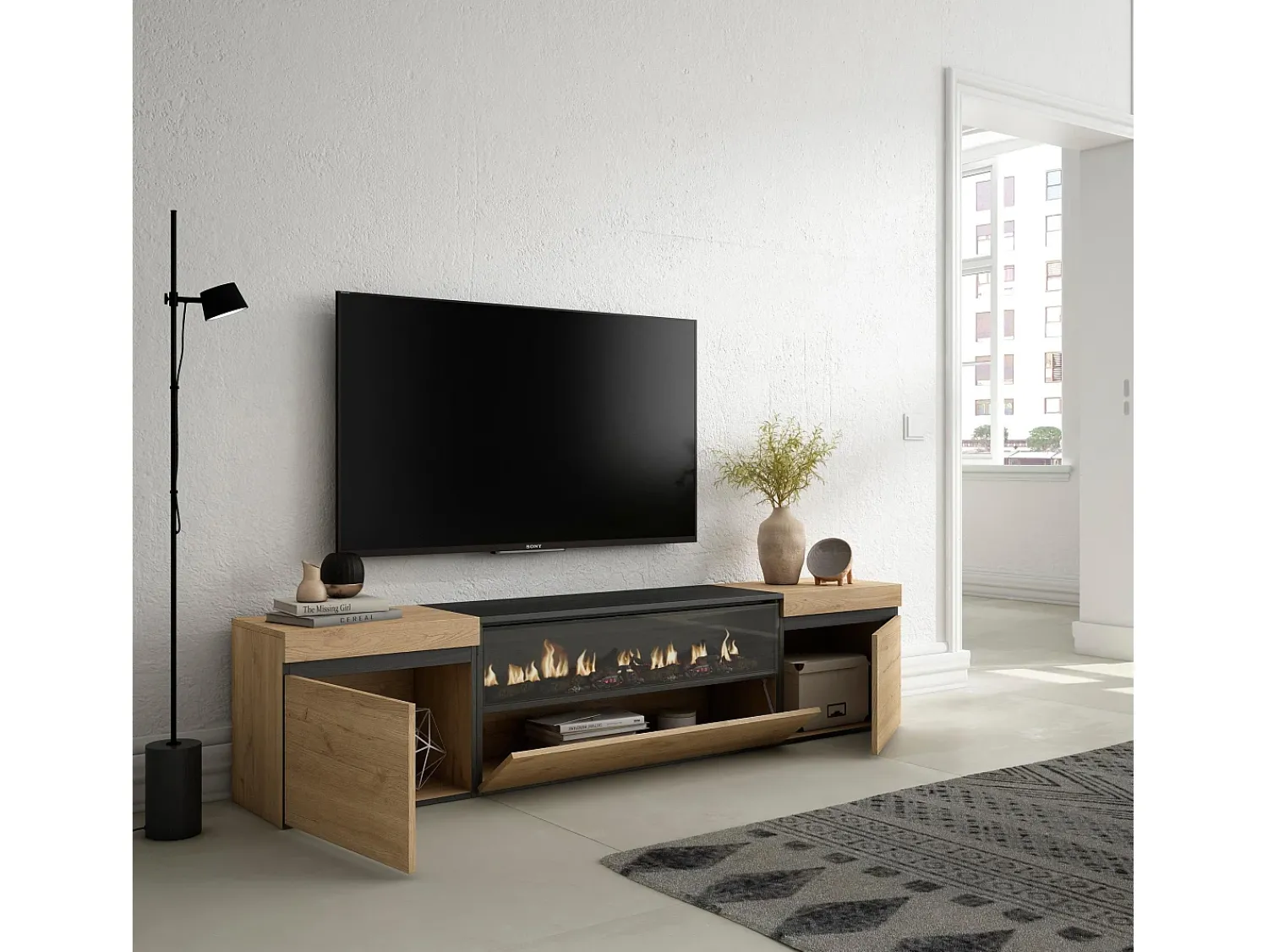 Móvel De Tv*Skraut Home Móvel de TV, 200x35x45cm, Para televisores até 80", Lareira eléctrica, Carvahlo e preto Natural claro