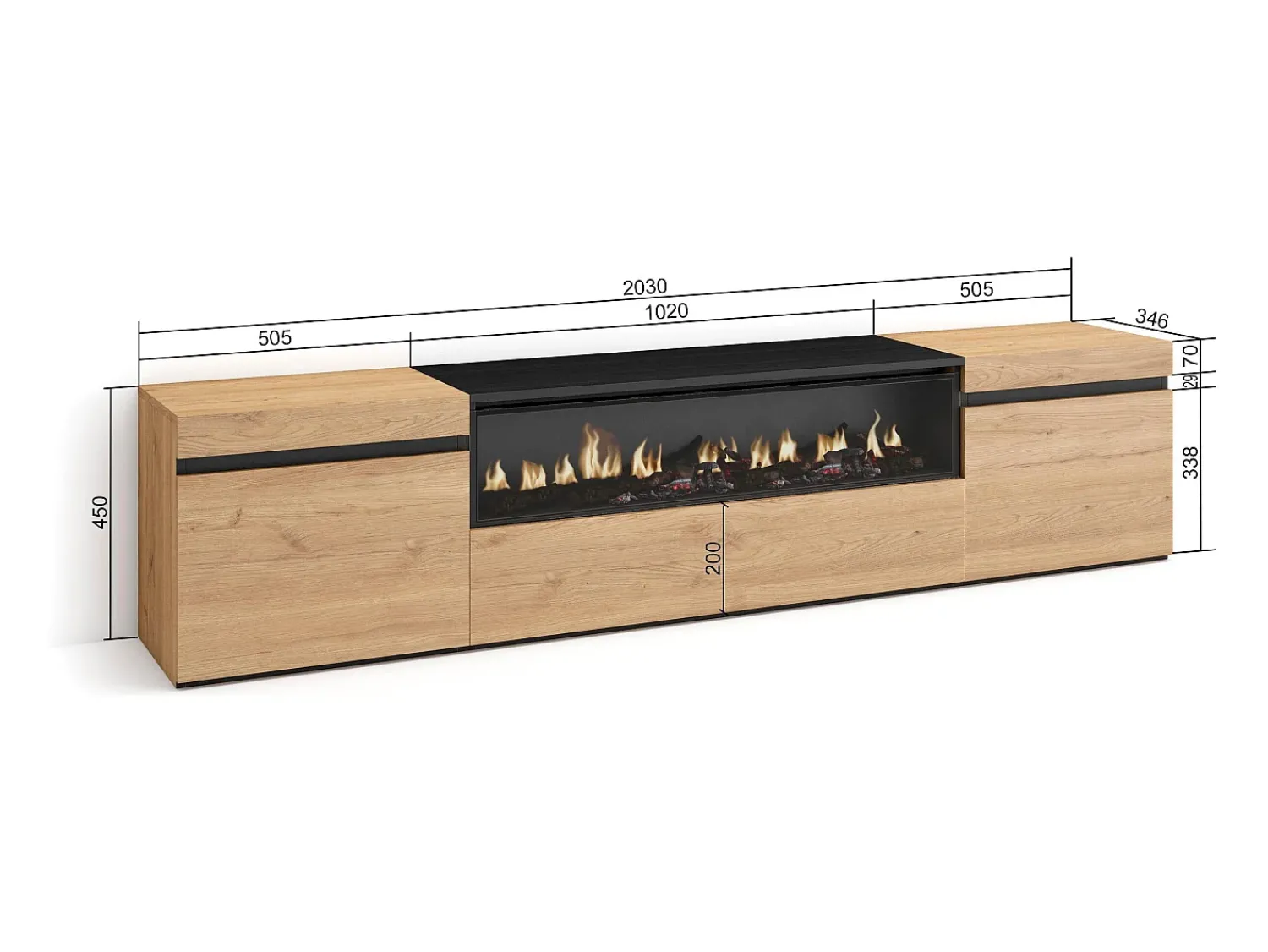 Móvel De Tv*Skraut Home Móvel de TV, 200x35x45cm, Para televisores até 80", Lareira eléctrica, Carvahlo e preto Natural claro