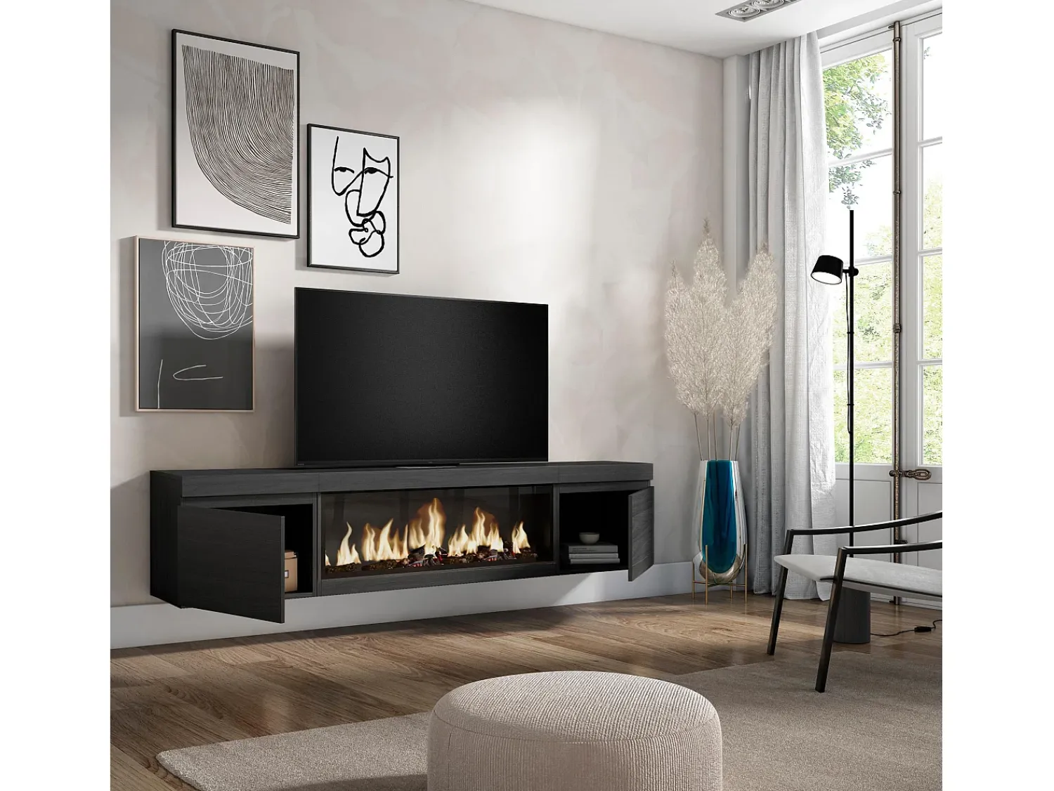 Skraut Home Móvel de TV, 208x35x45cm, Para televisores até 80", Lareira eléctrica XXL, Suspensos,^ Móvel De Tv