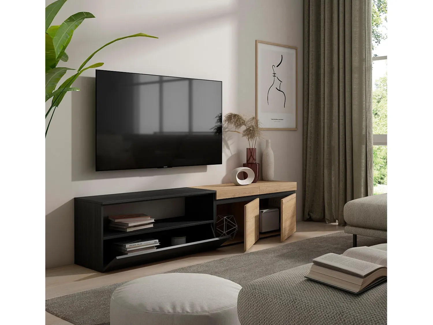 Hot Skraut Home Móvel de TV, 200x35x45cm, Para televisores até 80", Estante para TV, Carvahlo e preto Natural claro