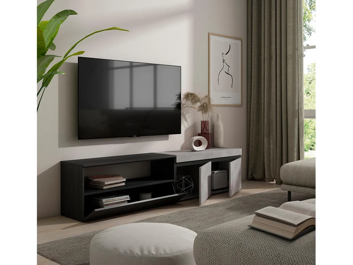 Skraut Home Móvel de TV, 200x35x45cm, Para televisores até 80", Estante para TV, Cimento^ Móvel De Tv