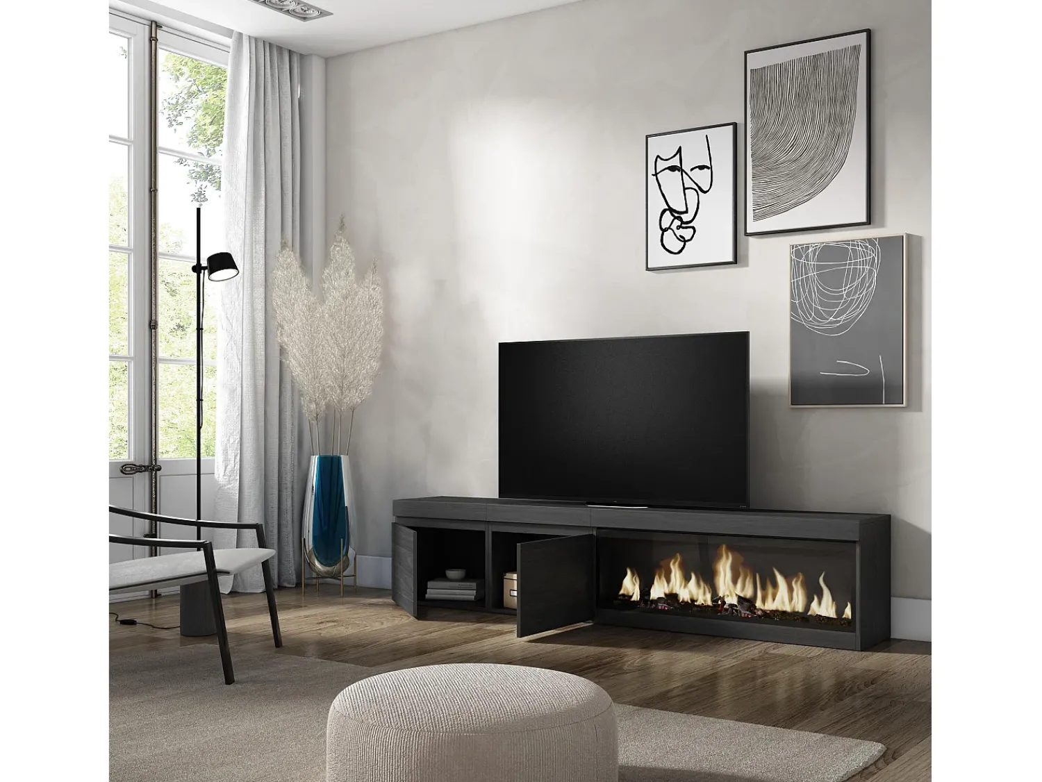Móvel De Tv|Skraut Home Móvel de TV, 208x35x45cm, Para televisores até 80", Lareira eléctrica XXL, Preto