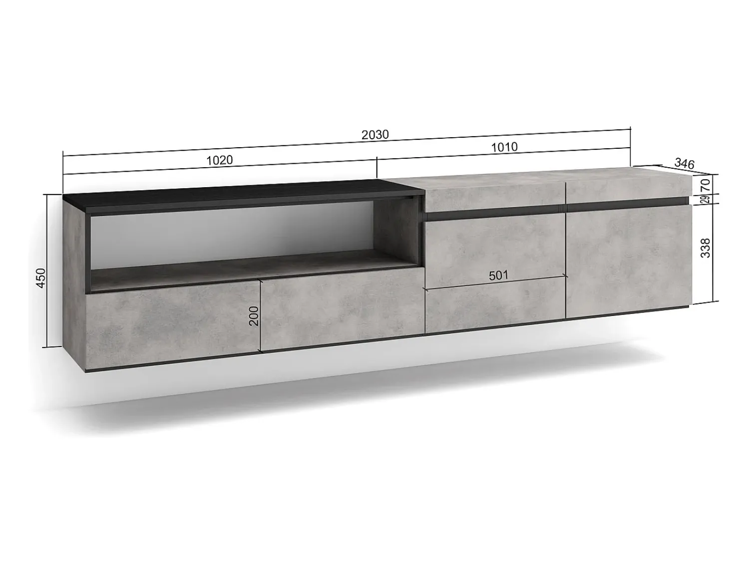 Móvel De Tv|Skraut Home Móvel de TV, 200x35x45cm, Para televisores até 80", Suspensos, Cimento Cinzento