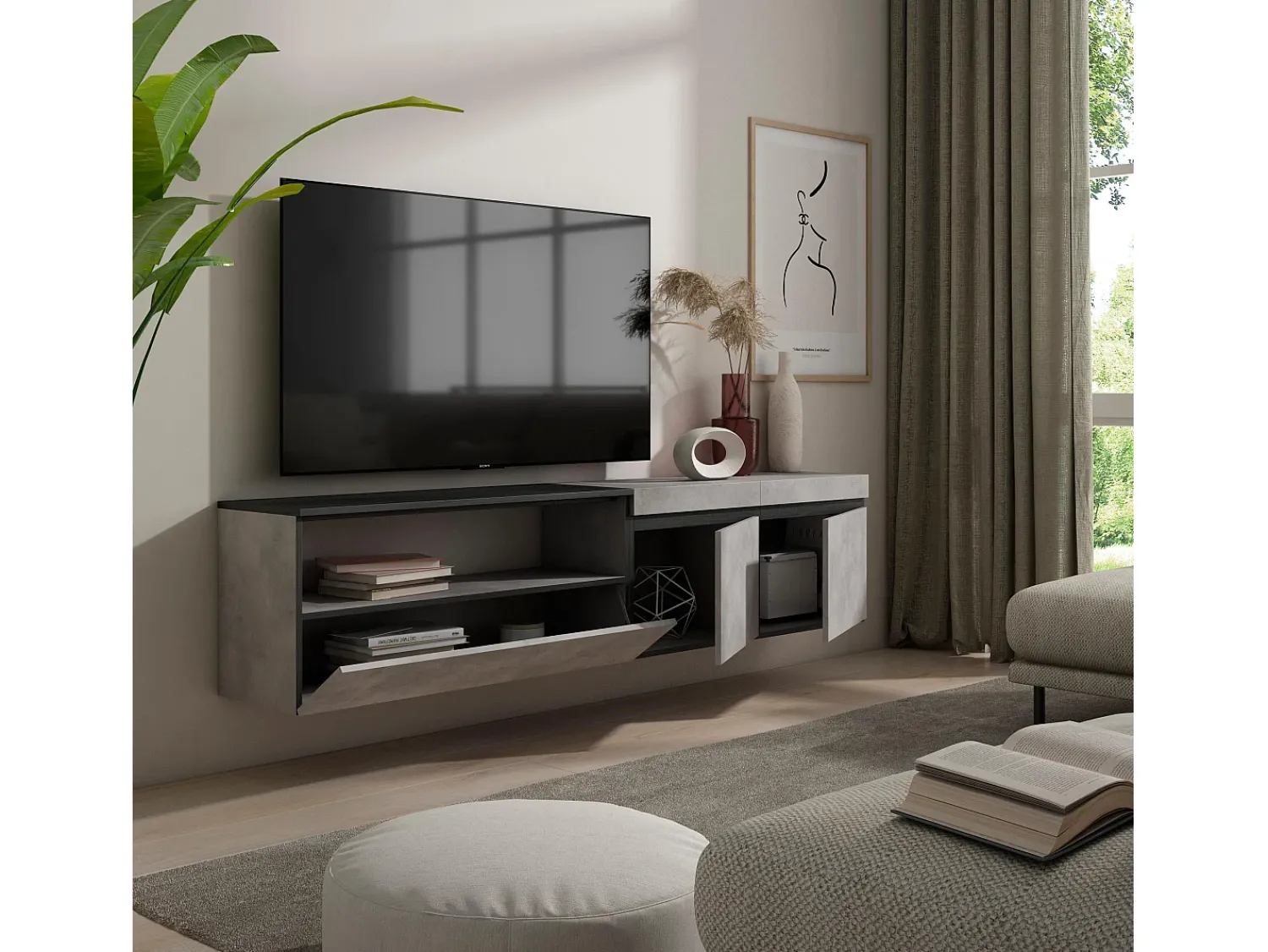 Móvel De Tv|Skraut Home Móvel de TV, 200x35x45cm, Para televisores até 80", Suspensos, Cimento Cinzento