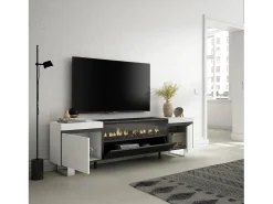 Outlet Skraut Home Móvel de TV, 200x35x57cm, Para televisores até 80", Lareira eléctrica, Design industrial, e preto Branco