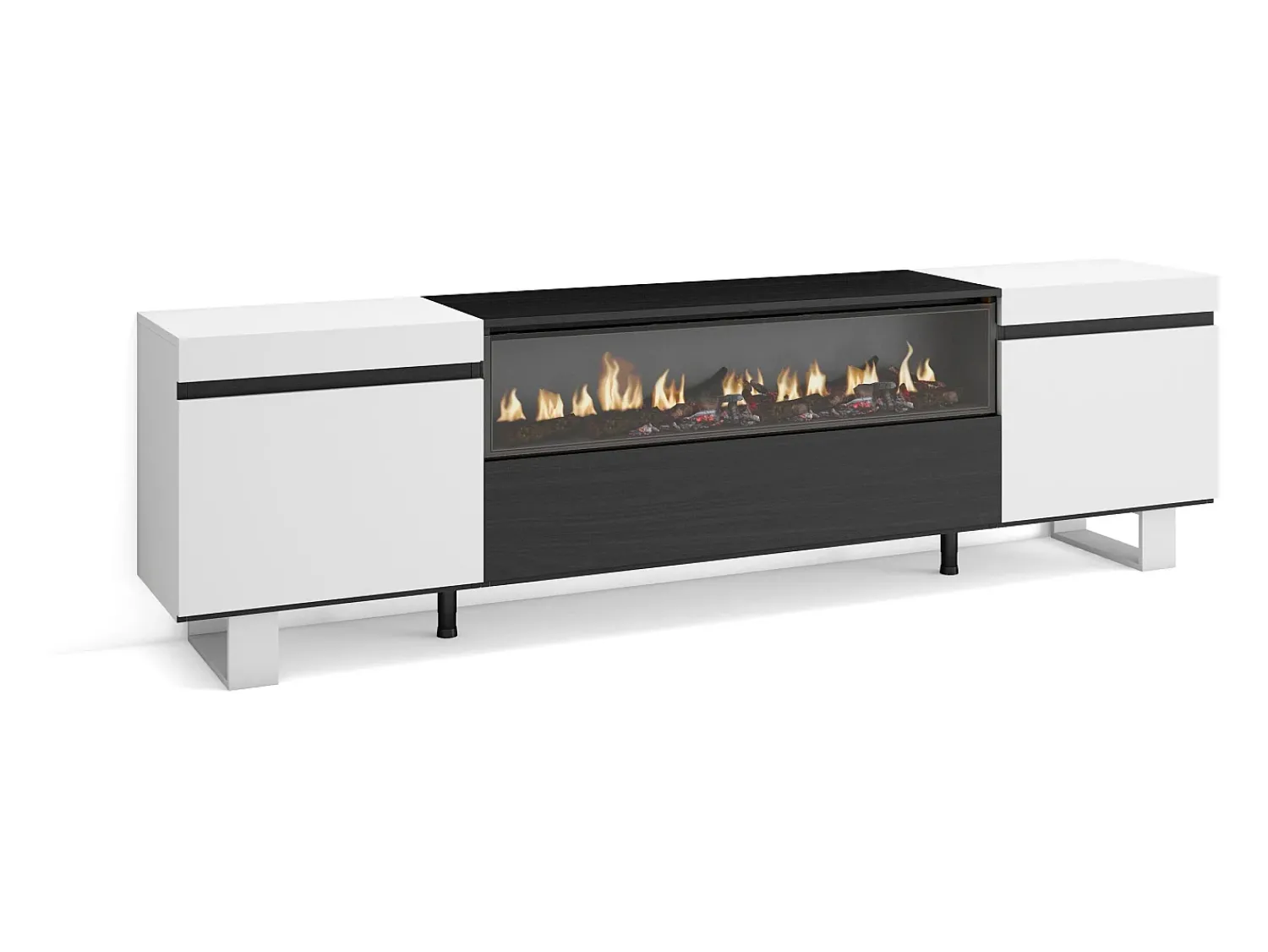 Outlet Skraut Home Móvel de TV, 200x35x57cm, Para televisores até 80", Lareira eléctrica, Design industrial, e preto Branco