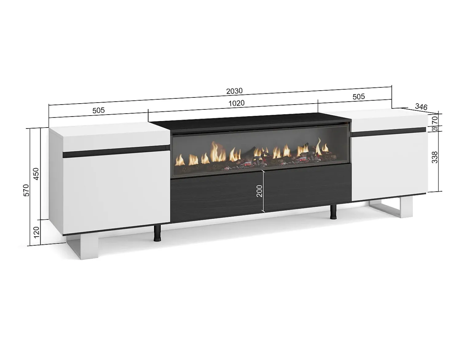 Outlet Skraut Home Móvel de TV, 200x35x57cm, Para televisores até 80", Lareira eléctrica, Design industrial, e preto Branco