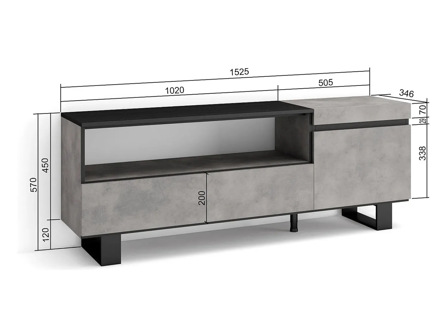 Hot Skraut Home Móvel de TV, 150x35x57cm, Para televisores até 65", Design industrial, Cimento Cinzento