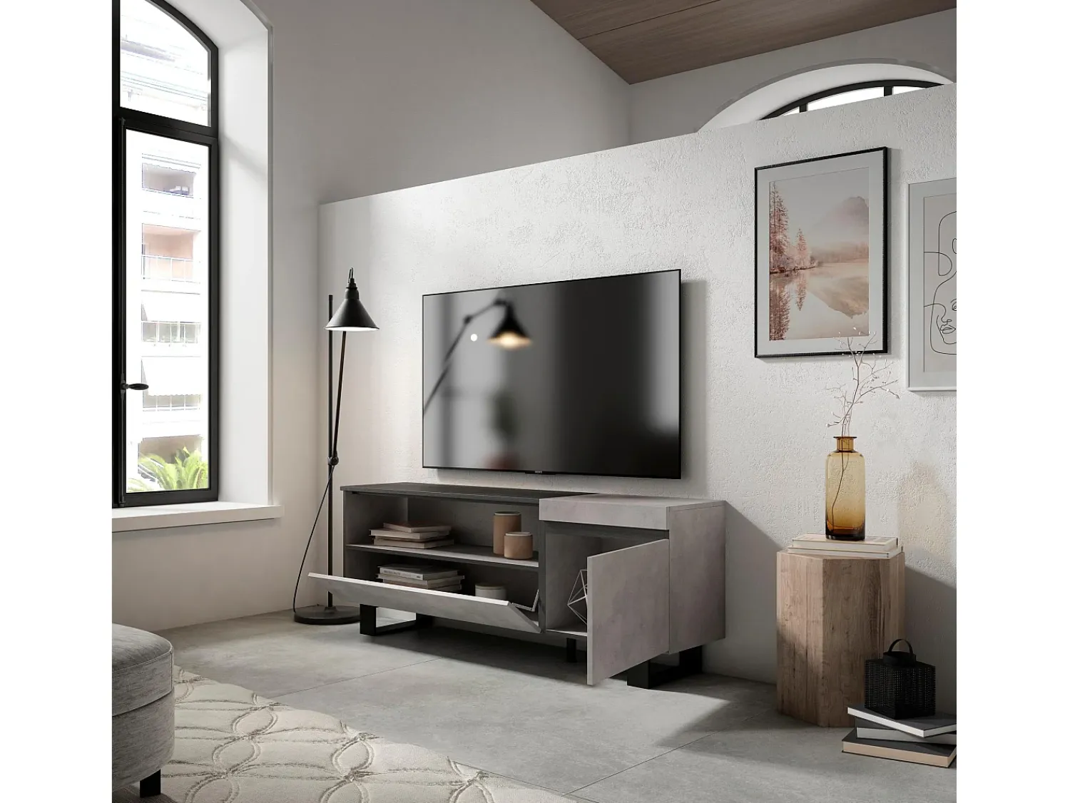 Hot Skraut Home Móvel de TV, 150x35x57cm, Para televisores até 65", Design industrial, Cimento Cinzento