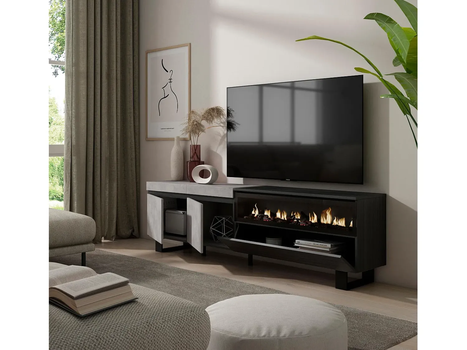 Móvel De Tv|Skraut Home Móvel de TV, 200x35x57cm, Para televisores até 80", Lareira eléctrica, Design industrial, Cimento Cinzento