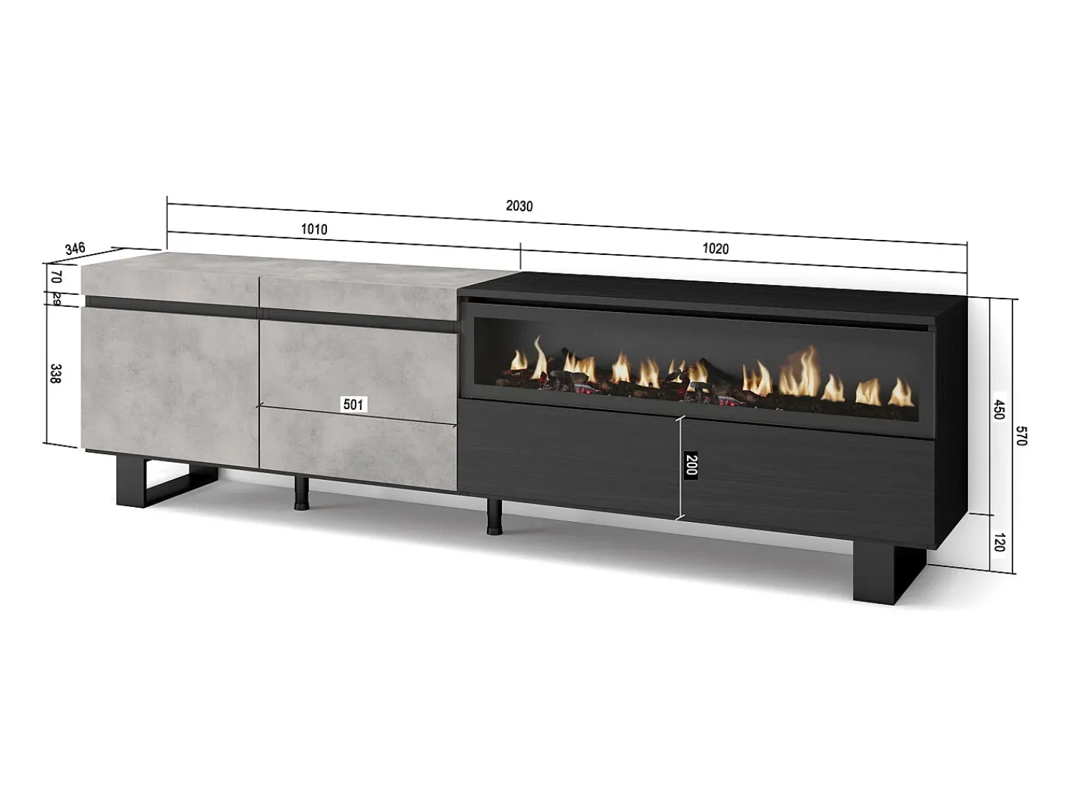 Móvel De Tv|Skraut Home Móvel de TV, 200x35x57cm, Para televisores até 80", Lareira eléctrica, Design industrial, Cimento Cinzento