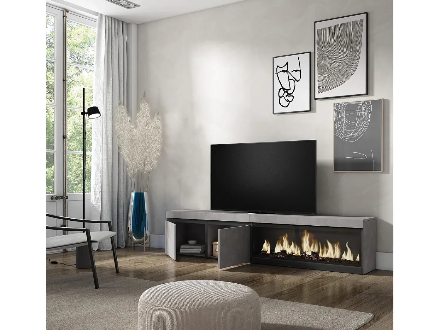 Móvel De Tv|Skraut Home Móvel de TV, 208x35x45cm, Para televisores até 80", Lareira eléctrica XXL, Cimento Cinzento