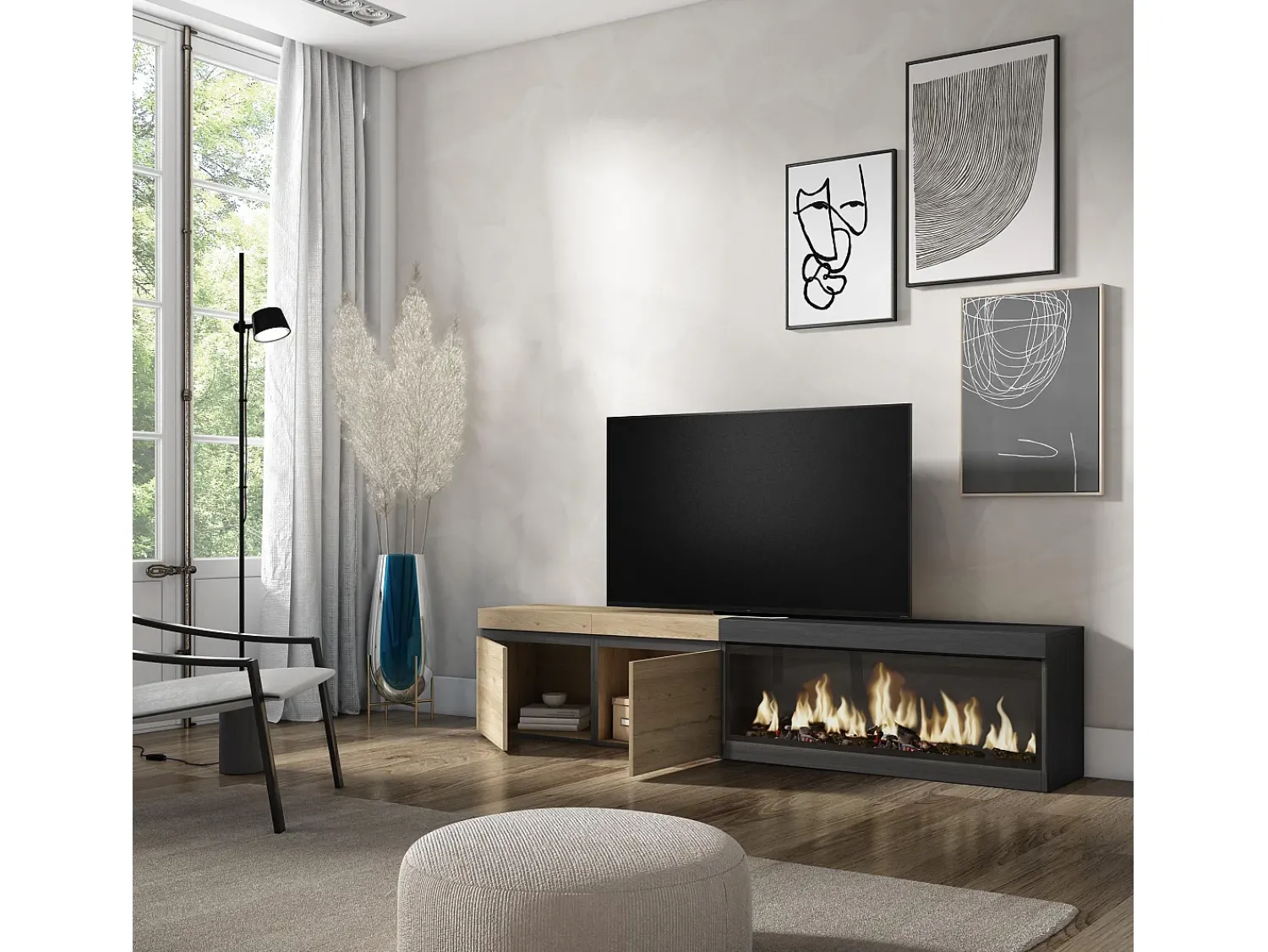 Móvel De Tv*Skraut Home Móvel de TV, 208x35x45cm, Para televisores até 80", Lareira eléctrica XXL, Carvahlo e preto Natural claro