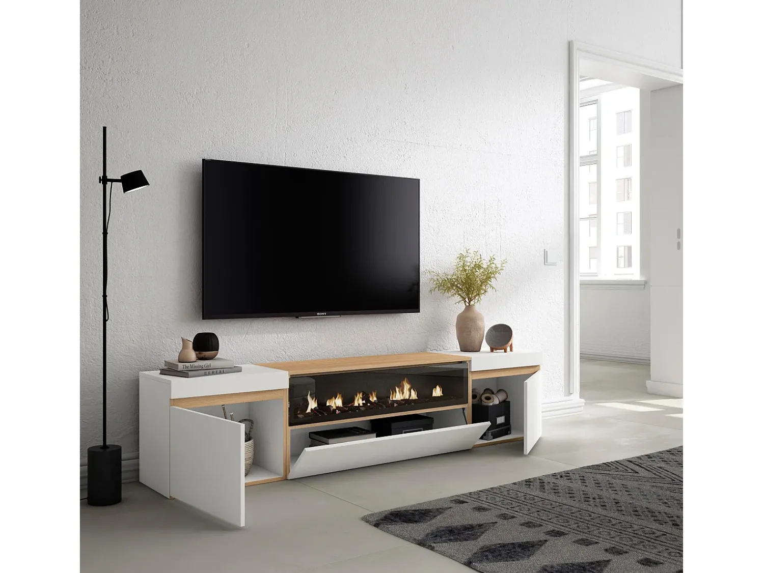 Móvel De Tv*Skraut Home Móvel de TV, 200x35x45cm, Para televisores até 80", Lareira eléctrica, e Carvalho soft Branco