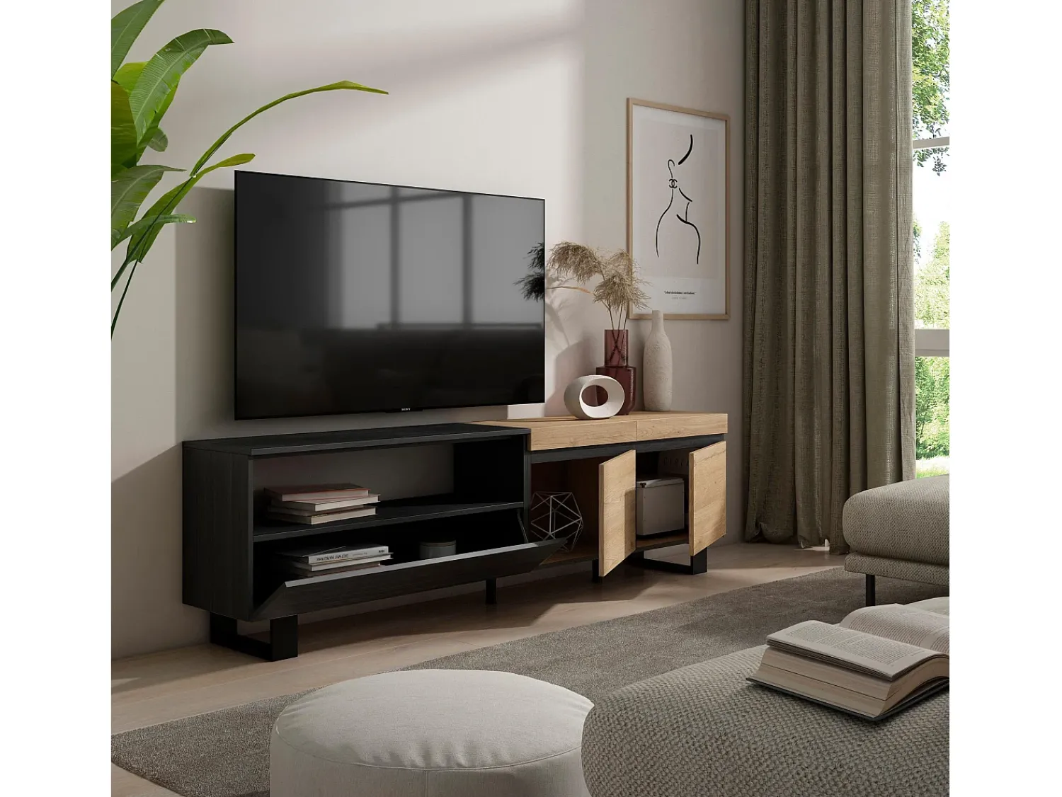 Skraut Home Móvel de TV, 200x35x57cm, Para televisores até 80", Design industrial, Carvahlo e preto^ Móvel De Tv