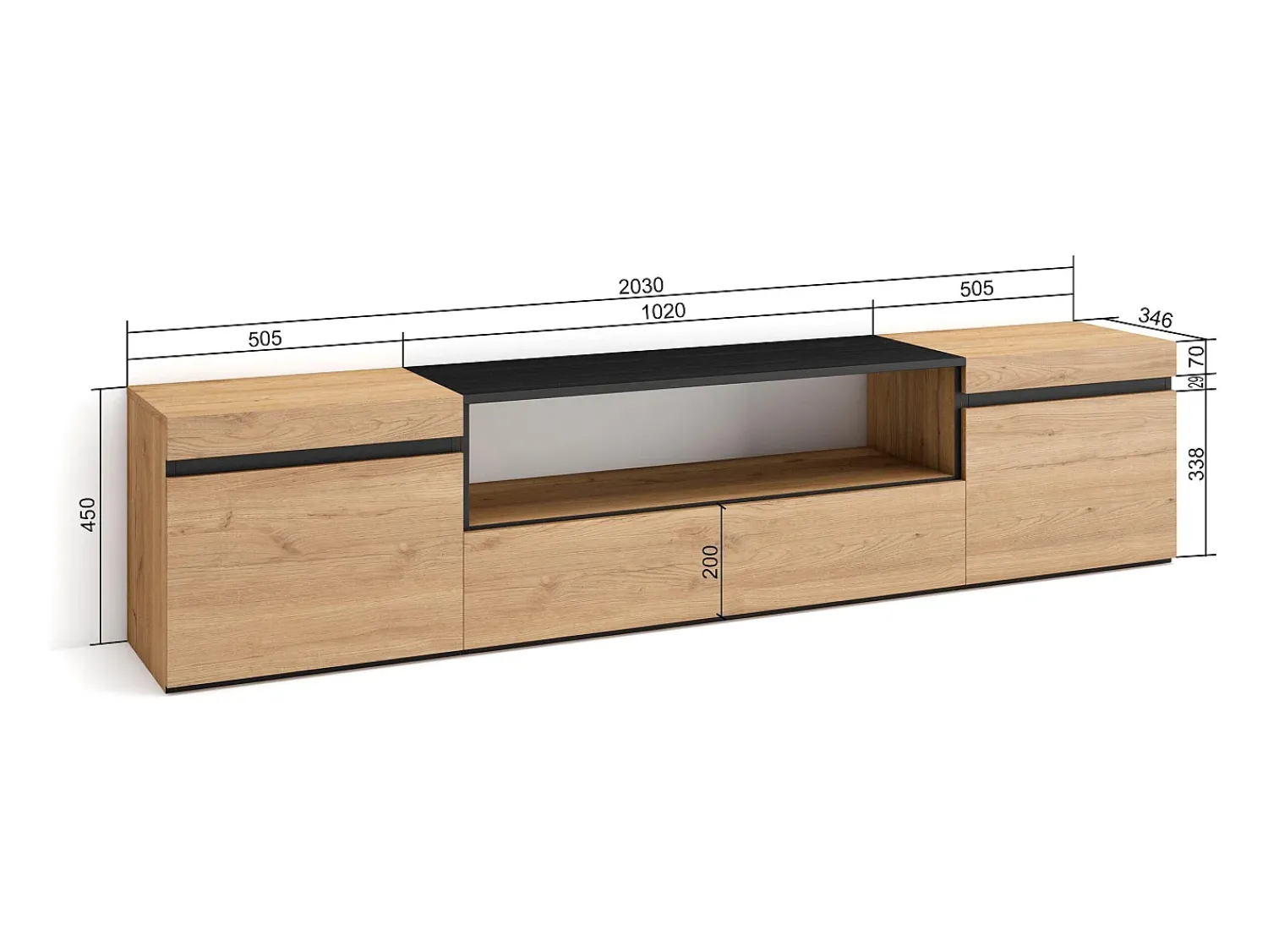 Hot Skraut Home Móvel de TV, 200x35x45cm, Para televisores até 80", Estante para TV, Carvahlo e preto Natural claro
