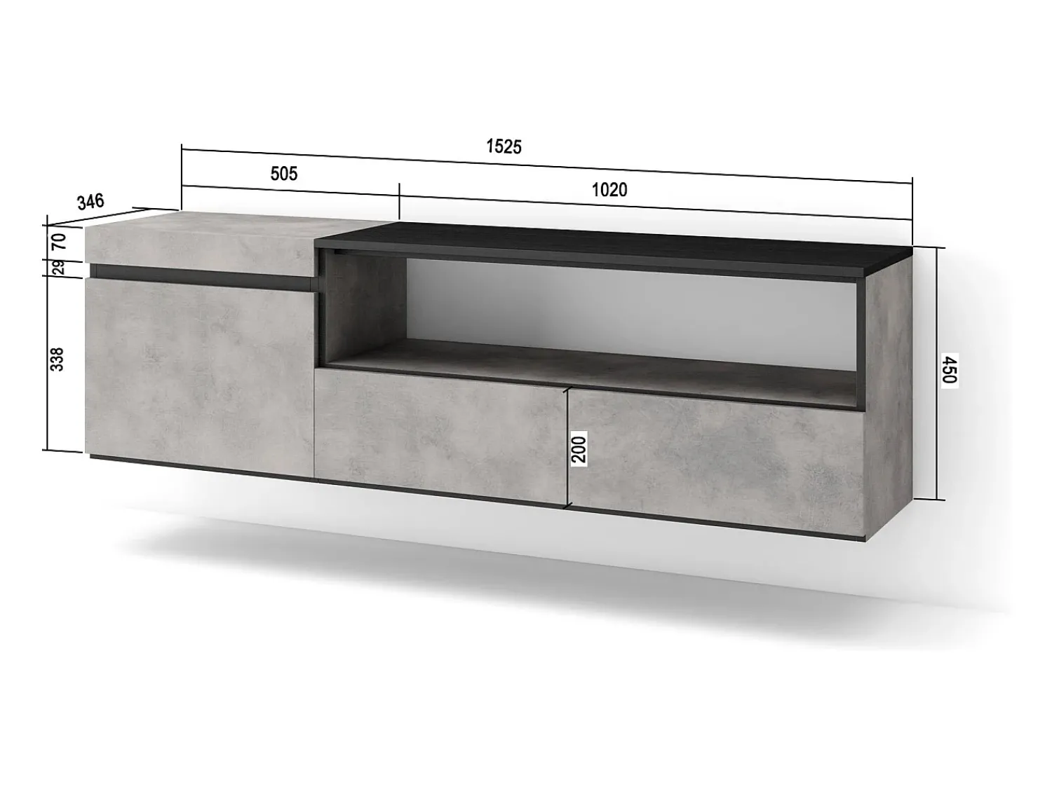 Clearance Skraut Home Móvel de TV, 150x35x45cm, Para televisores até 65", Suspensos, Cimento Cinzento