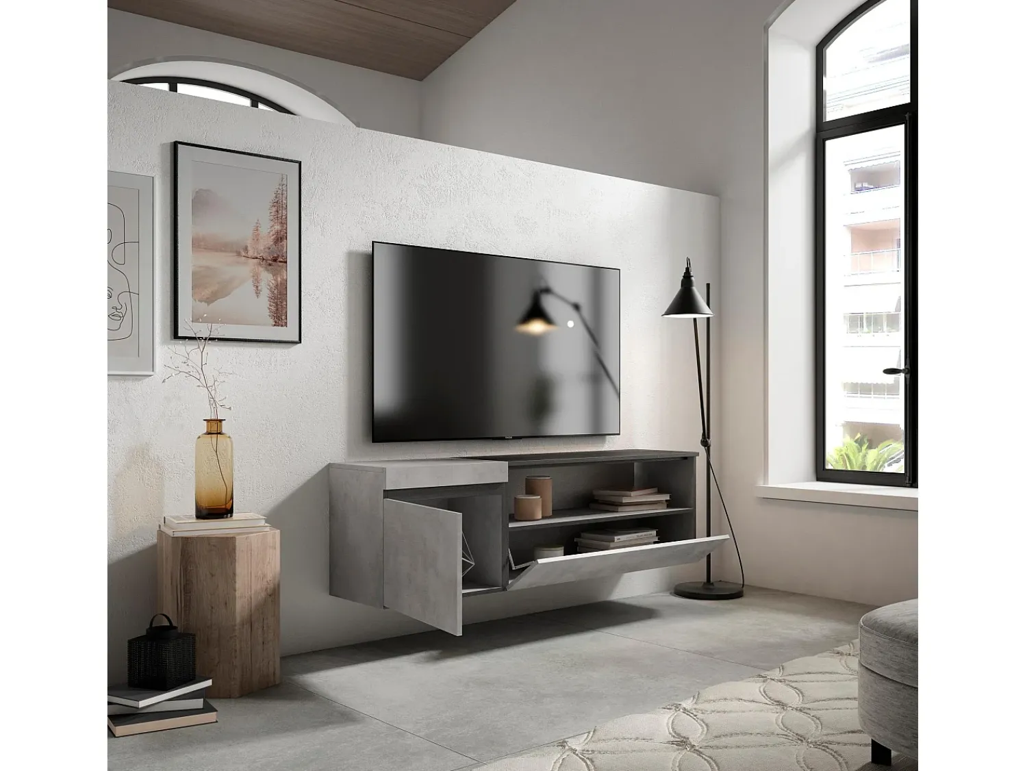 Clearance Skraut Home Móvel de TV, 150x35x45cm, Para televisores até 65", Suspensos, Cimento Cinzento
