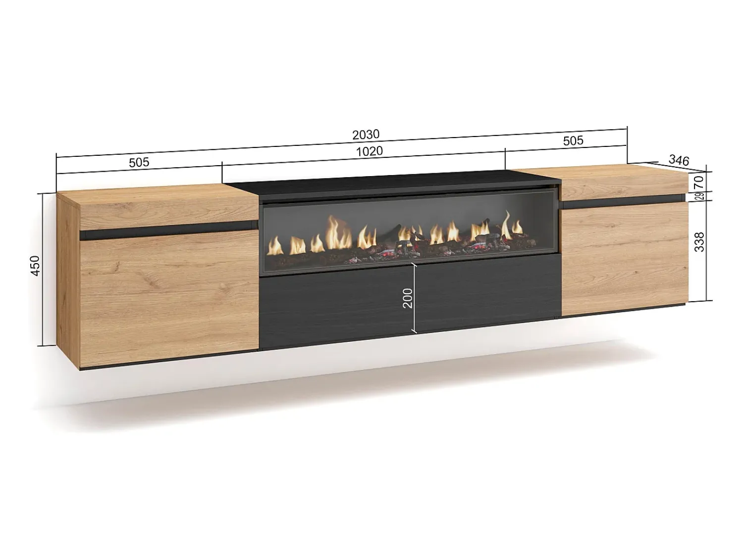 Móvel De Tv*Skraut Home Móvel de TV, 200x35x45cm, Para televisores até 80", Lareira eléctrica, Suspensos, Carvahlo e preto Natural claro