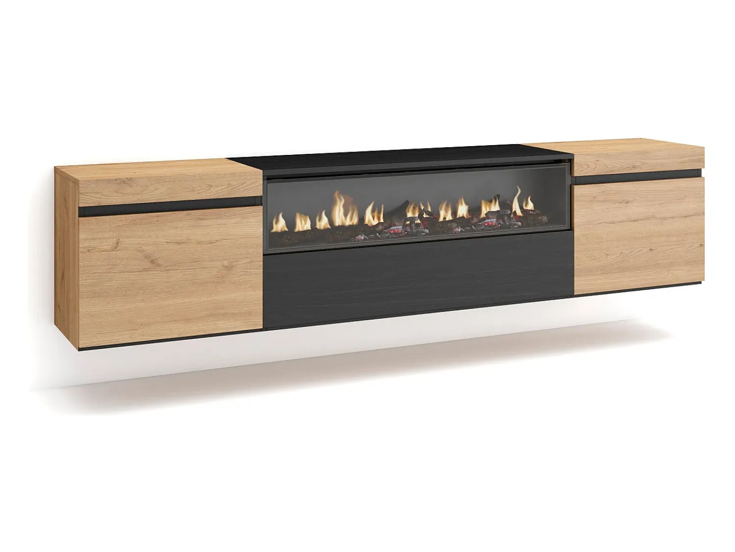 Móvel De Tv*Skraut Home Móvel de TV, 200x35x45cm, Para televisores até 80", Lareira eléctrica, Suspensos, Carvahlo e preto Natural claro