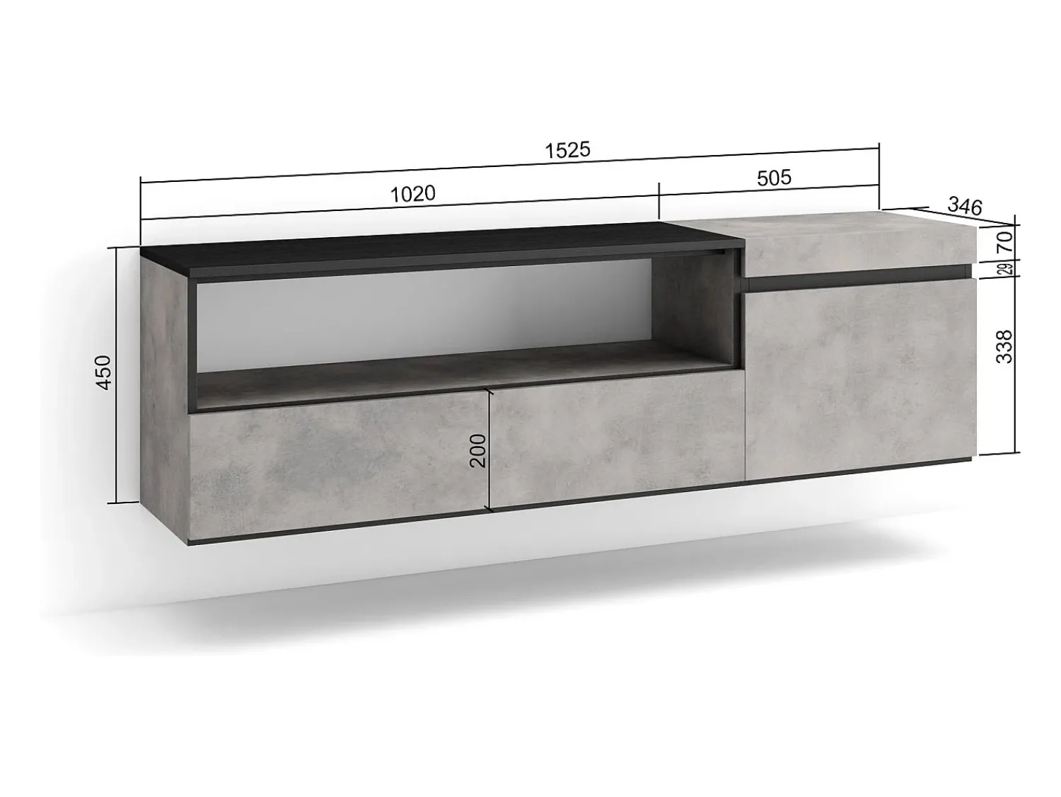Móvel De Tv|Skraut Home Móvel de TV, 150x35x45cm, Para televisores até 65", Suspensos, Cimento Cinzento