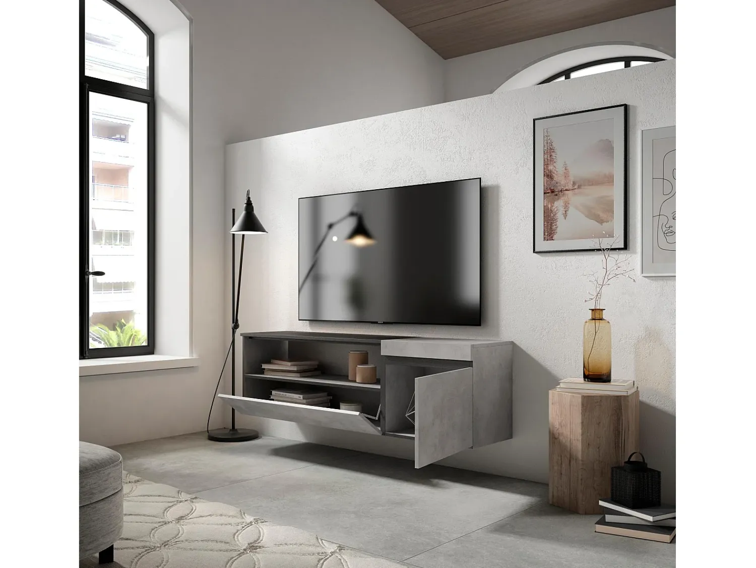 Móvel De Tv|Skraut Home Móvel de TV, 150x35x45cm, Para televisores até 65", Suspensos, Cimento Cinzento