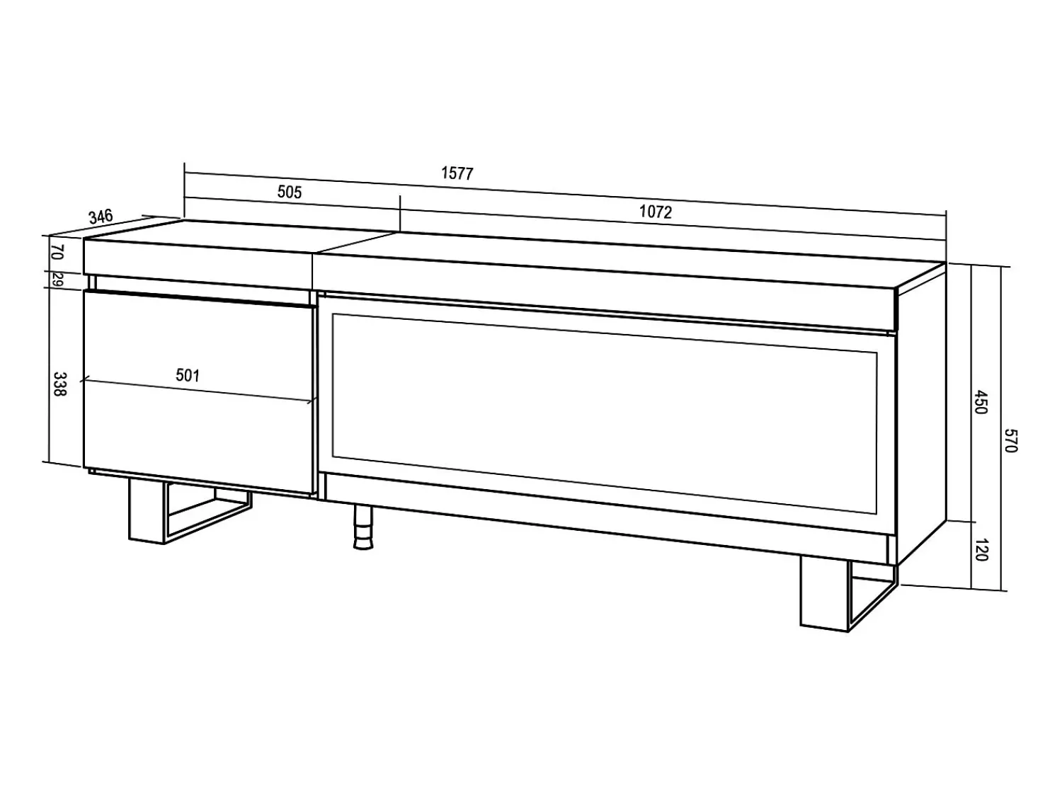 Skraut Home Móvel de TV, 158x35x57cm, Para televisores até 65", Lareira eléctrica XXL, Design industrial, Preto